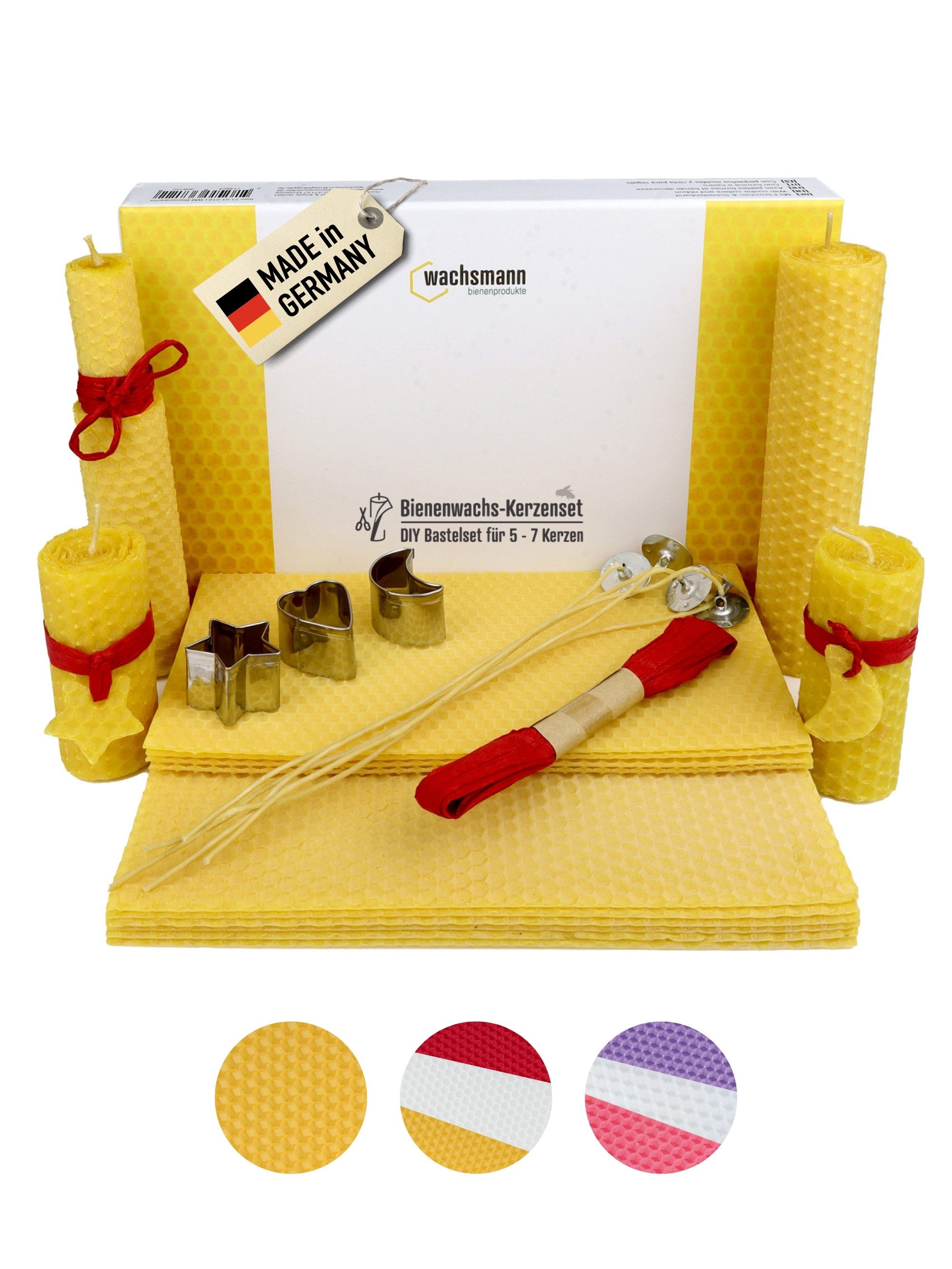 Wachsmann Bienenprodukte Bienenwachskerze zum selber machen (Kerzenset, Bienenwachs Kerzen Komplettset inkl. Material, Deko und Zubehör), DIY komplett Bastel-Set mit Dochten, Ausstechformen & Raffia Band