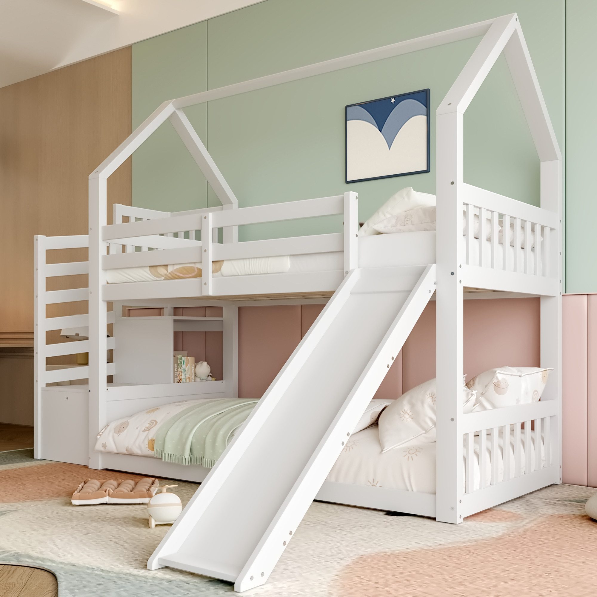 Hochbett 90x200 cm Hausbett mit Stauraumtreppe und Rutsche