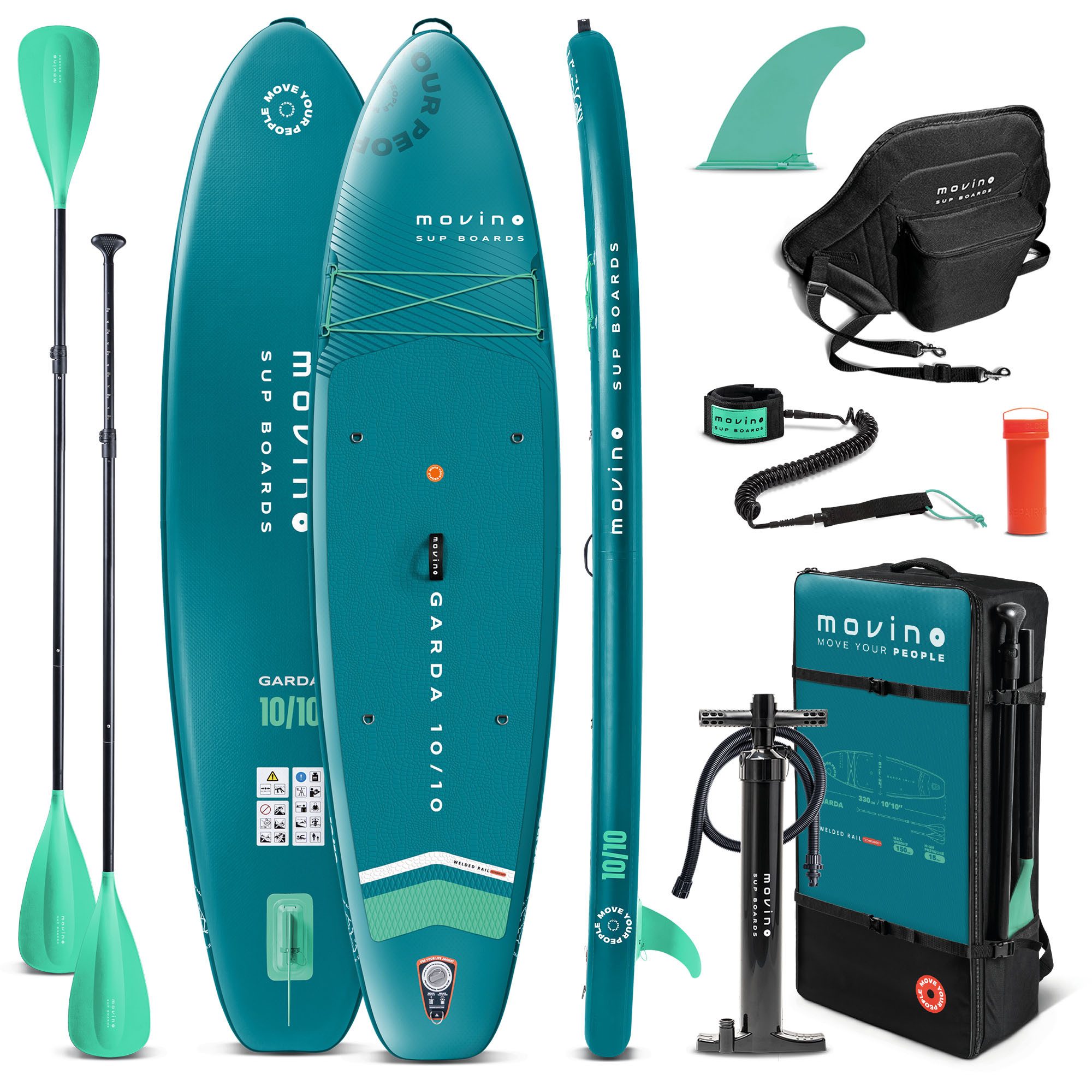 Movino SUP-Board MOVINO GARDA 2in1 Set geschweißte Kanten Traglast 150 kg, All-Round, (Board, Rucksack, Pumpe, Leine, Finne, Paddel, Kajaksitz, Reparaturset)