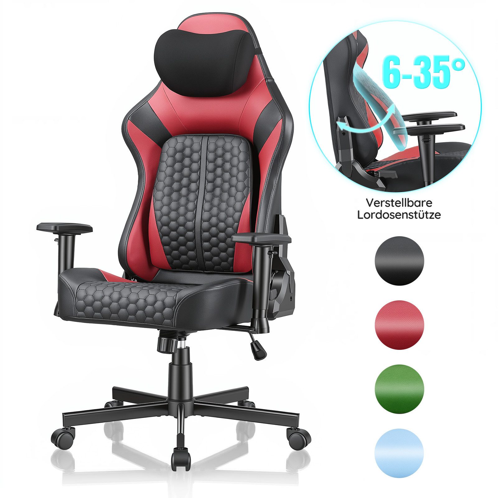HOMALL Gaming-Stuhl gaming stuhl,mit verstellbarer Lendenstütze 6°-35°, 2D-Armlehnen,Rückenlehne 90°-135° verstellbar,150kg Belastbarkeit