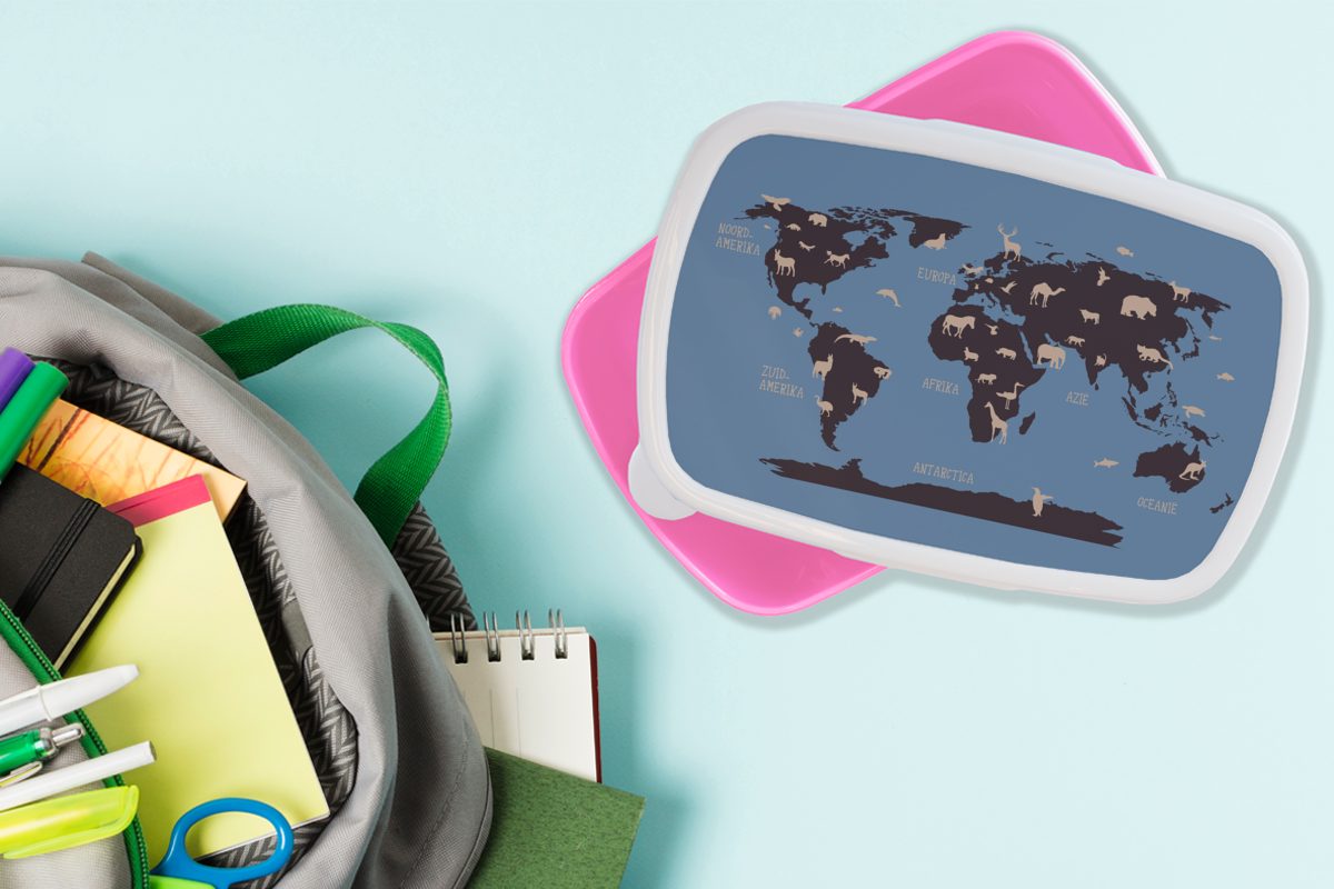 Weltkarte Tiere - Mädchen, MuchoWow Snackbox, - Kinder, Kunststoff, für rosa Braun, Kunststoff Erwachsene, (2-tlg), Lunchbox Brotbox Brotdose