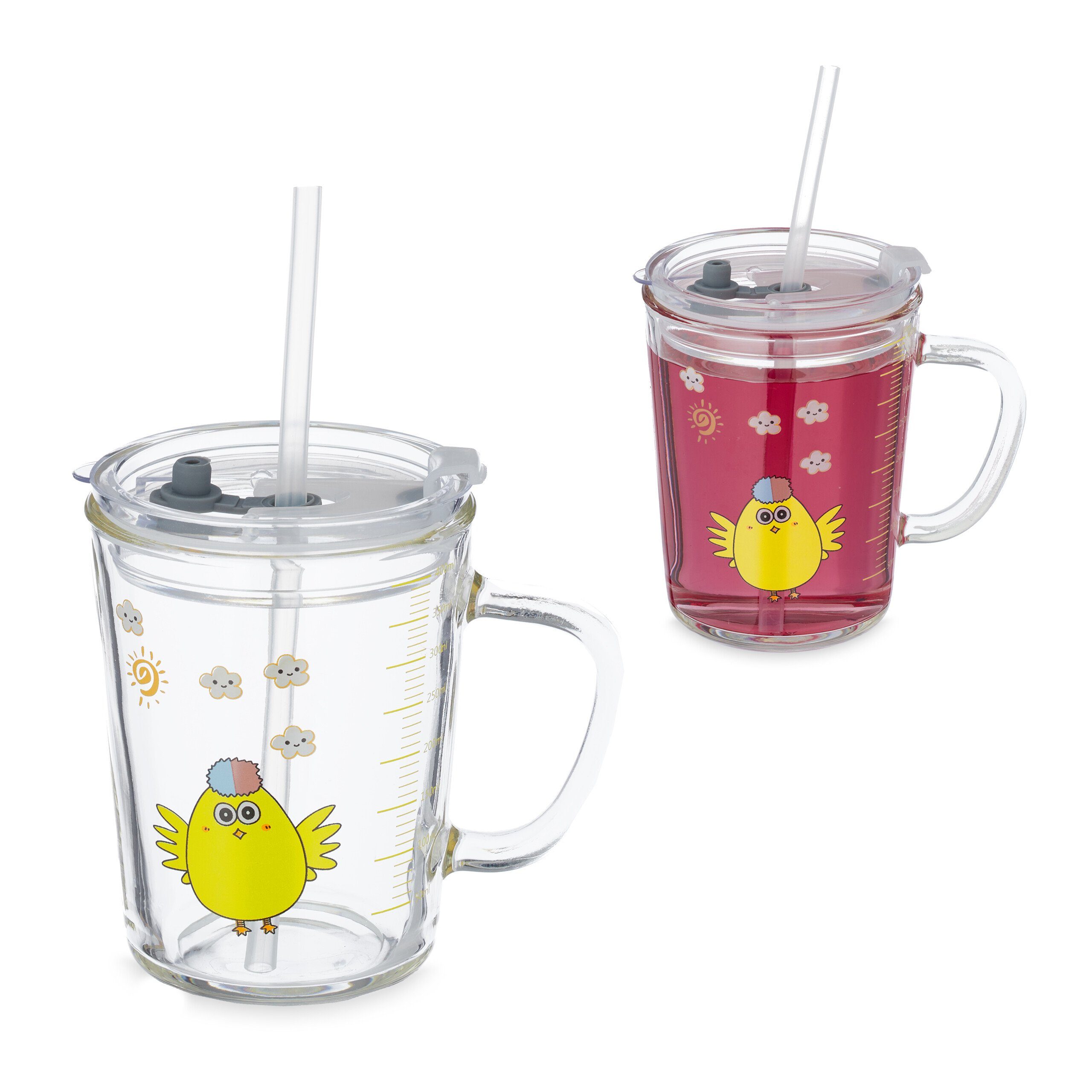 relaxdays Kinderbecher 2er Set Kindergläser mit Kükenmotiv, Glas