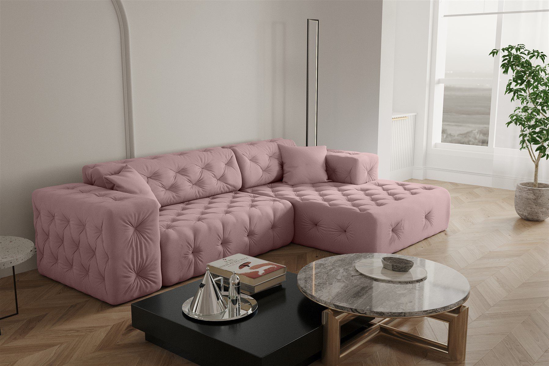 Möbel Links Pink 2 Zierkissen Velvet, Ecksofa Opera in Ecksofa Stoff oder Designersofa incl. Fun mane CHANTAL Rechts,