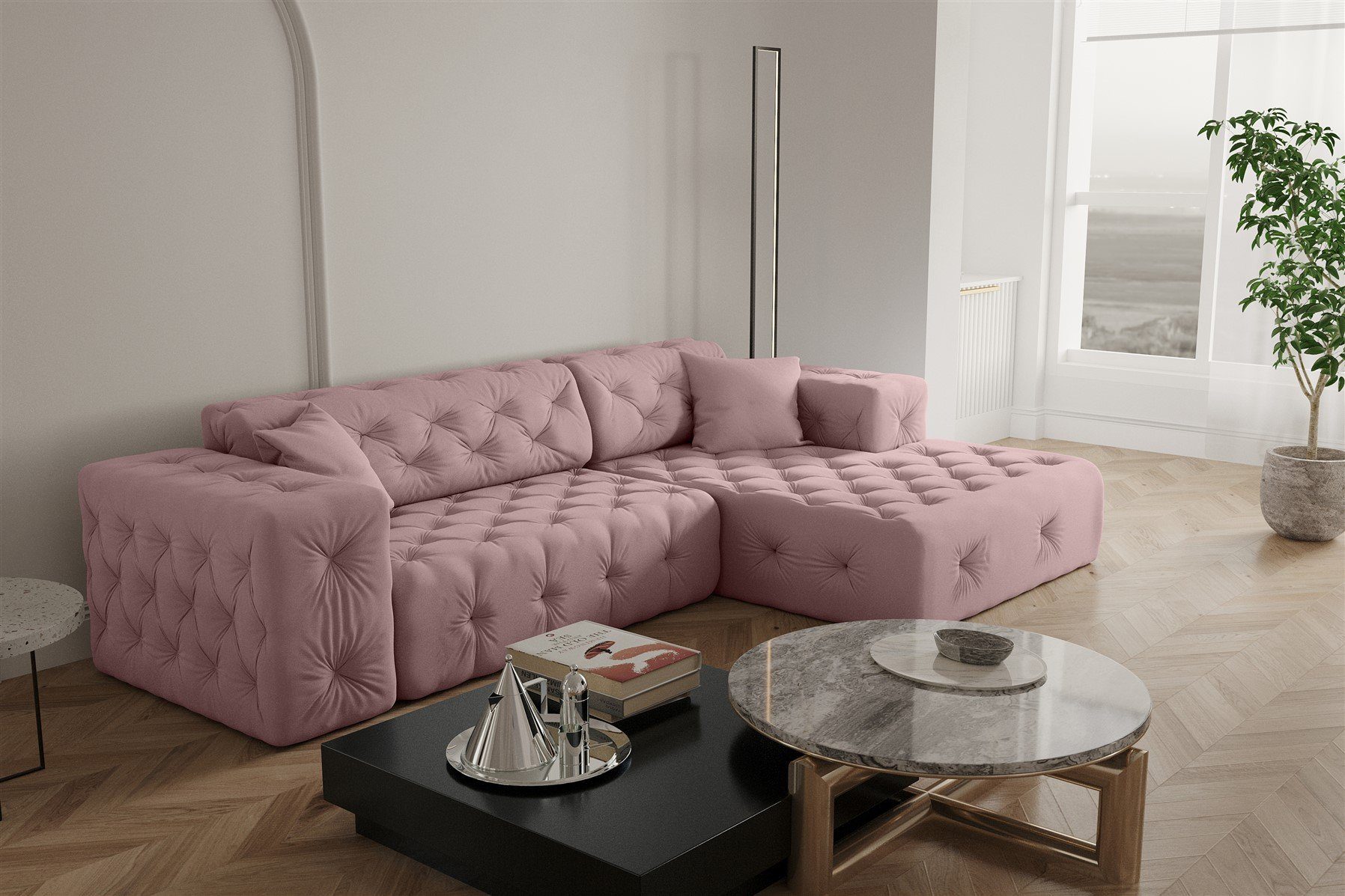 Fun Möbel Ecksofa Ecksofa Designersofa CHANTAL in Stoff Opera Velvet, mane Links oder Rechts, incl. 2 Zierkissen Pink