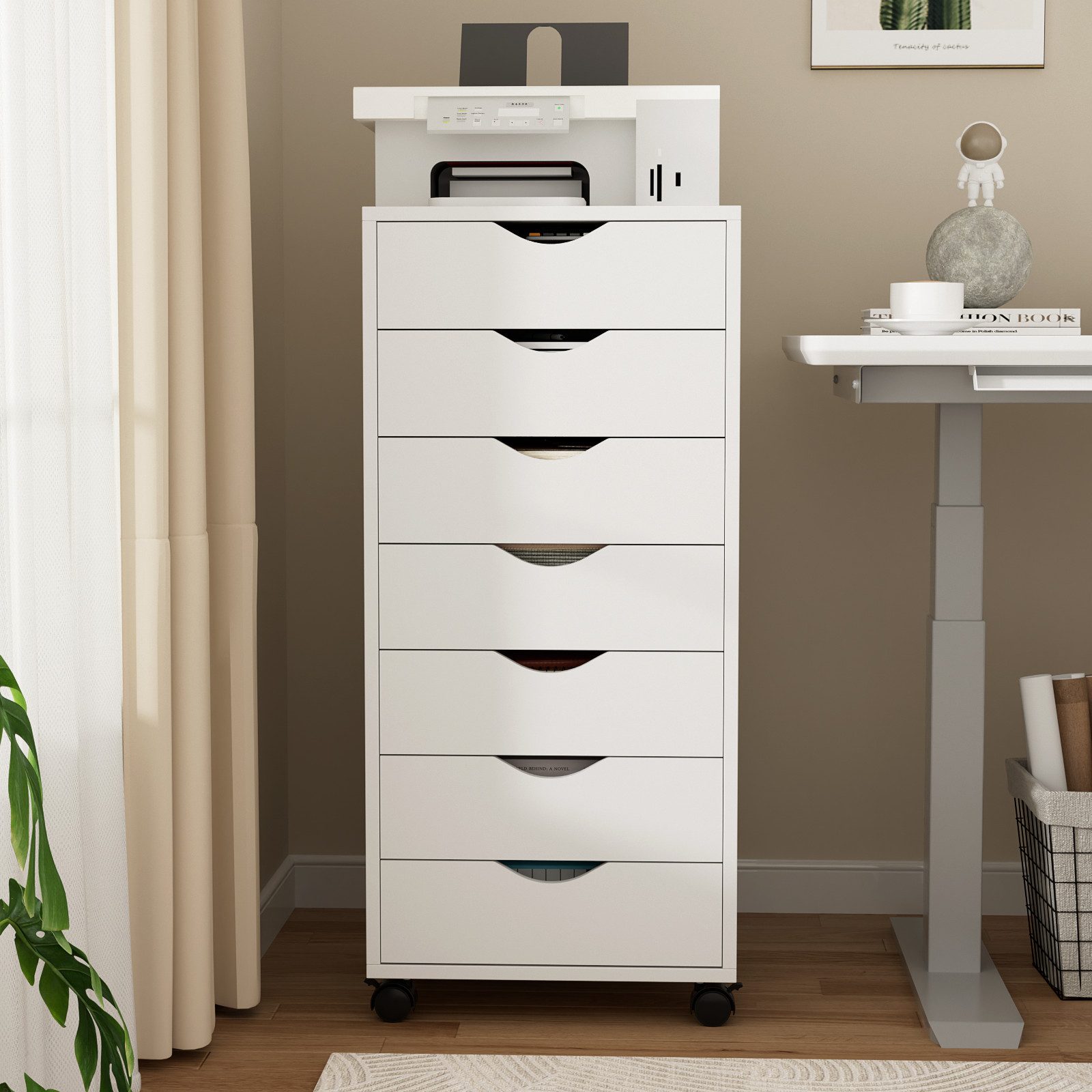 VOWNER Rollcontainer mit 7 Schubladen, mobiler Aktenschrank, Bürocontainer mit 4 Rollen, (1 St), Schubladenschrank, Druckertisch für Zuhause & Büro, 40x35x87 cm