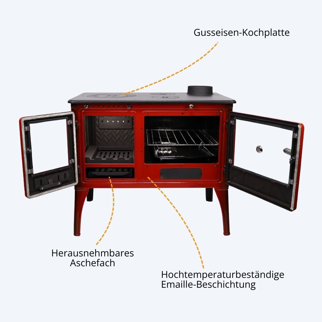 365 Kaminofen 365® Küchenherd Cook Lite rot emailliert 8,5 kW Gusseisen A+, 8,5 kW