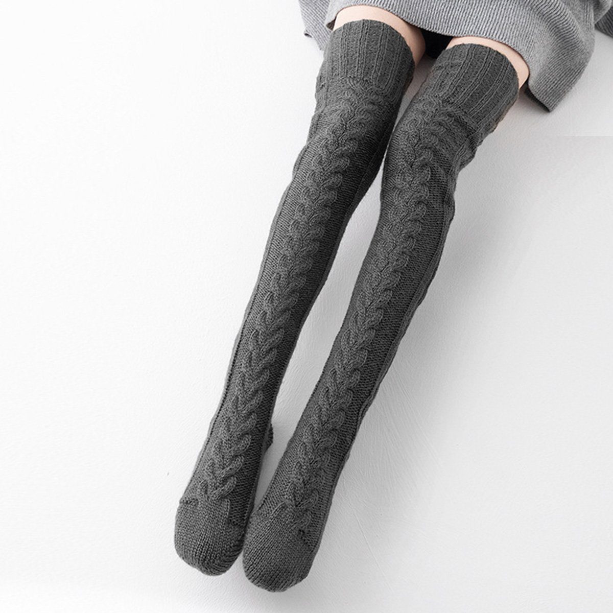 DOPWii Socken Strickstrümpfe Damen, dehnbare Winter-Overknee-Strümpfe, 105/85cm Dunkelgrau