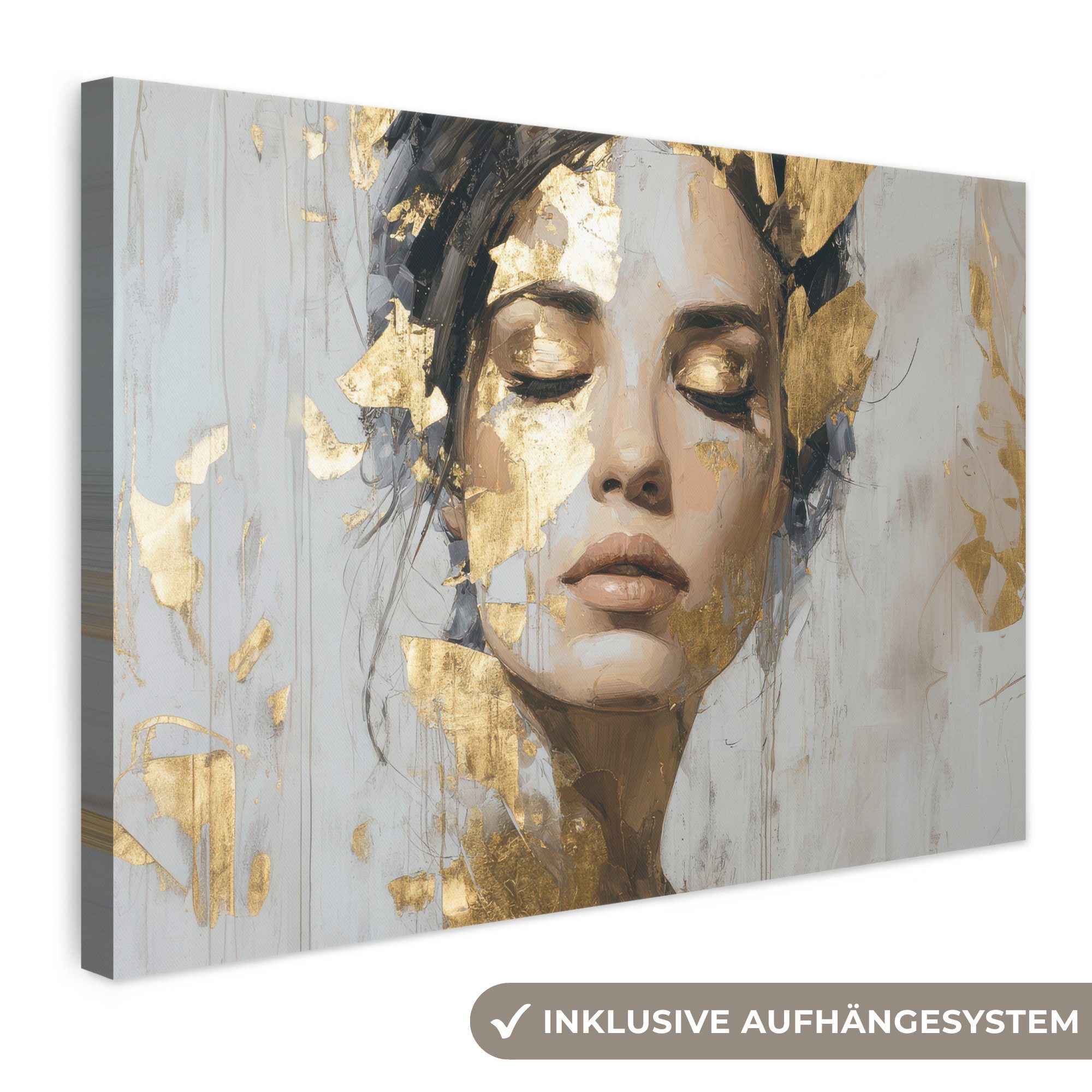 OneMillionCanvasses® Leinwandbild Geschmückt - Frau - Gold - Augen, Fotodruck (1 St), Leinwand Bilder Klein, Wand Dekoration Aesthetic 30x20 cm