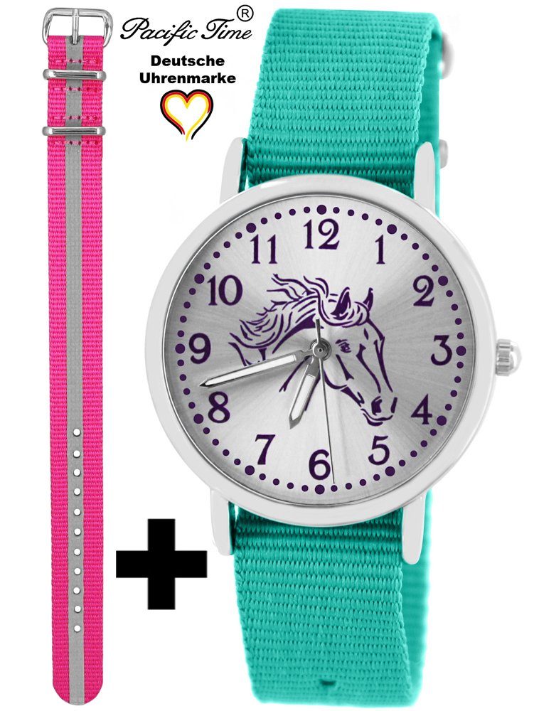 Pacific Time Quarzuhr Set Kinder Armbanduhr Pferd violett Wechselarmband, Mix und Match Design - Gratis Versand Reflektor pink und türkis