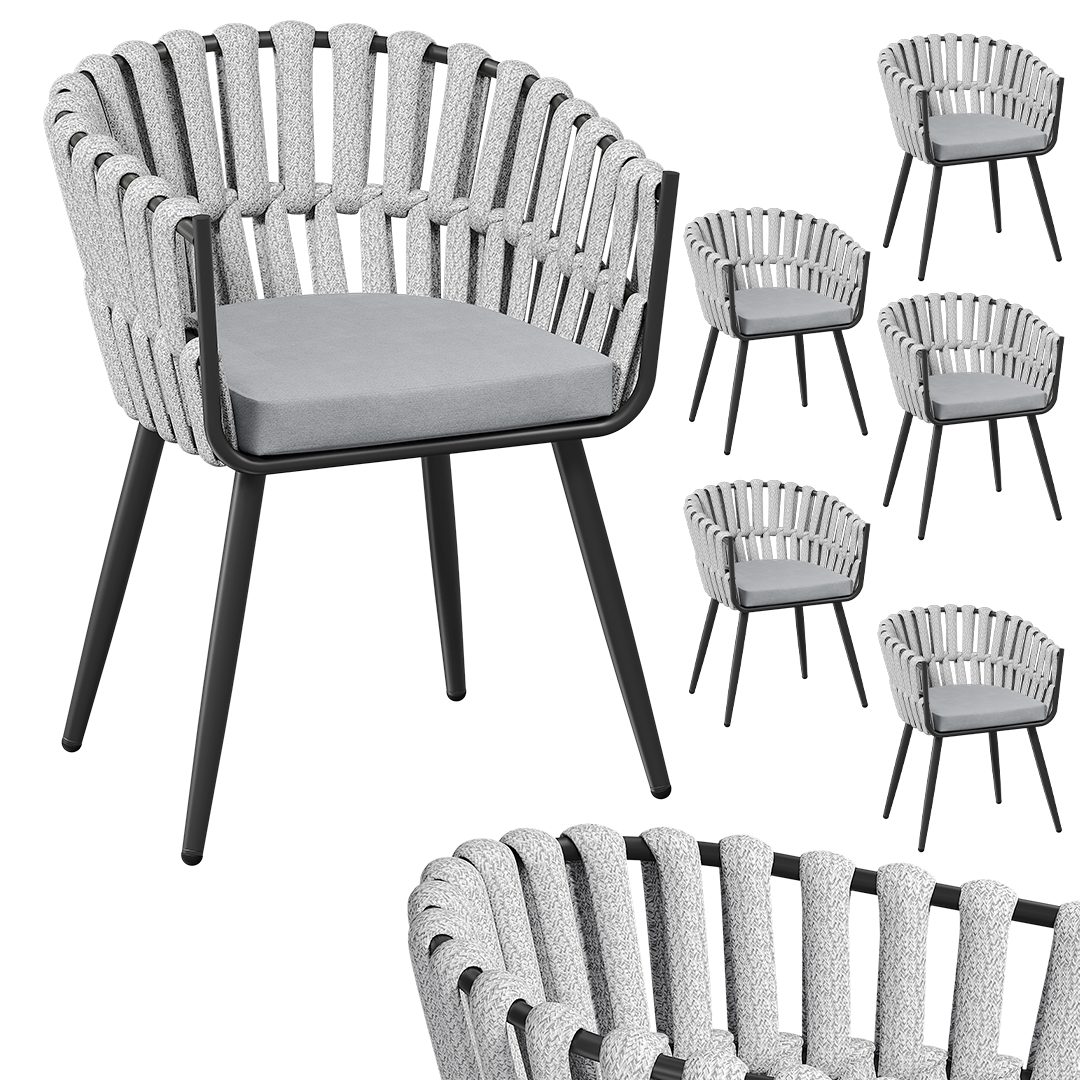 STEELSØN Gartenstuhl Tarian mit Sitzkissen, Loungesessel im Rope-Design (6er-Set, Hellgrau), wetterfest & höhenverstellbar, bis 120kg belastbar