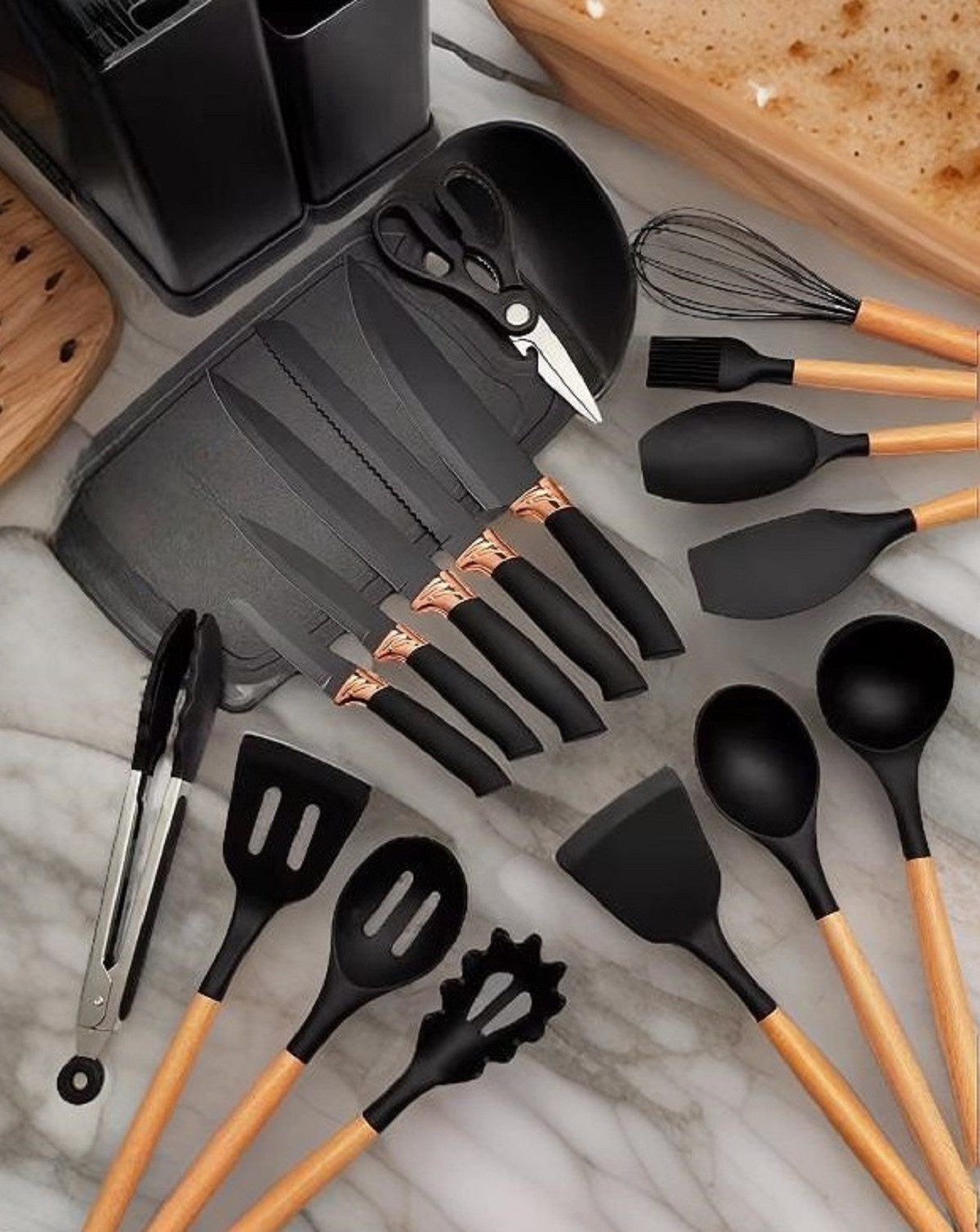 Cheffinger Kochbesteck-Set Küchenset Messerset & Küchenhelfer (19-tlg), Robust