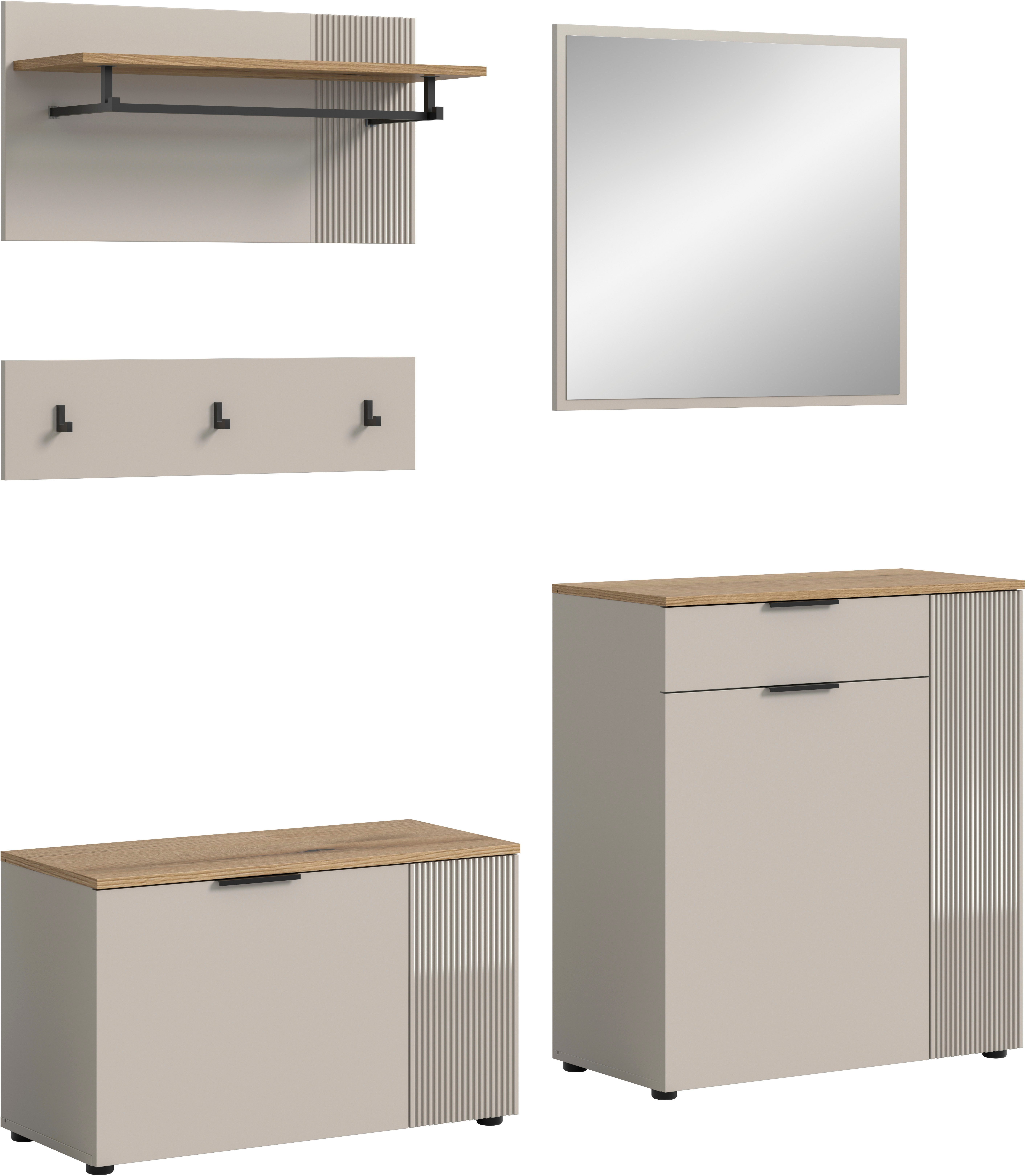 INOSIGN Шкафы-Set EDIL, Breite 175 cm, 5-teilig, Front mit hochwertiger Längstfräsung, (Set, 4-St., best. aus: Sitzbank, Paneel, Hakenleiste, Kommode & Spiegel), Шкафыkombination, Kombination, Set, Garderobe, Flurgarderobe