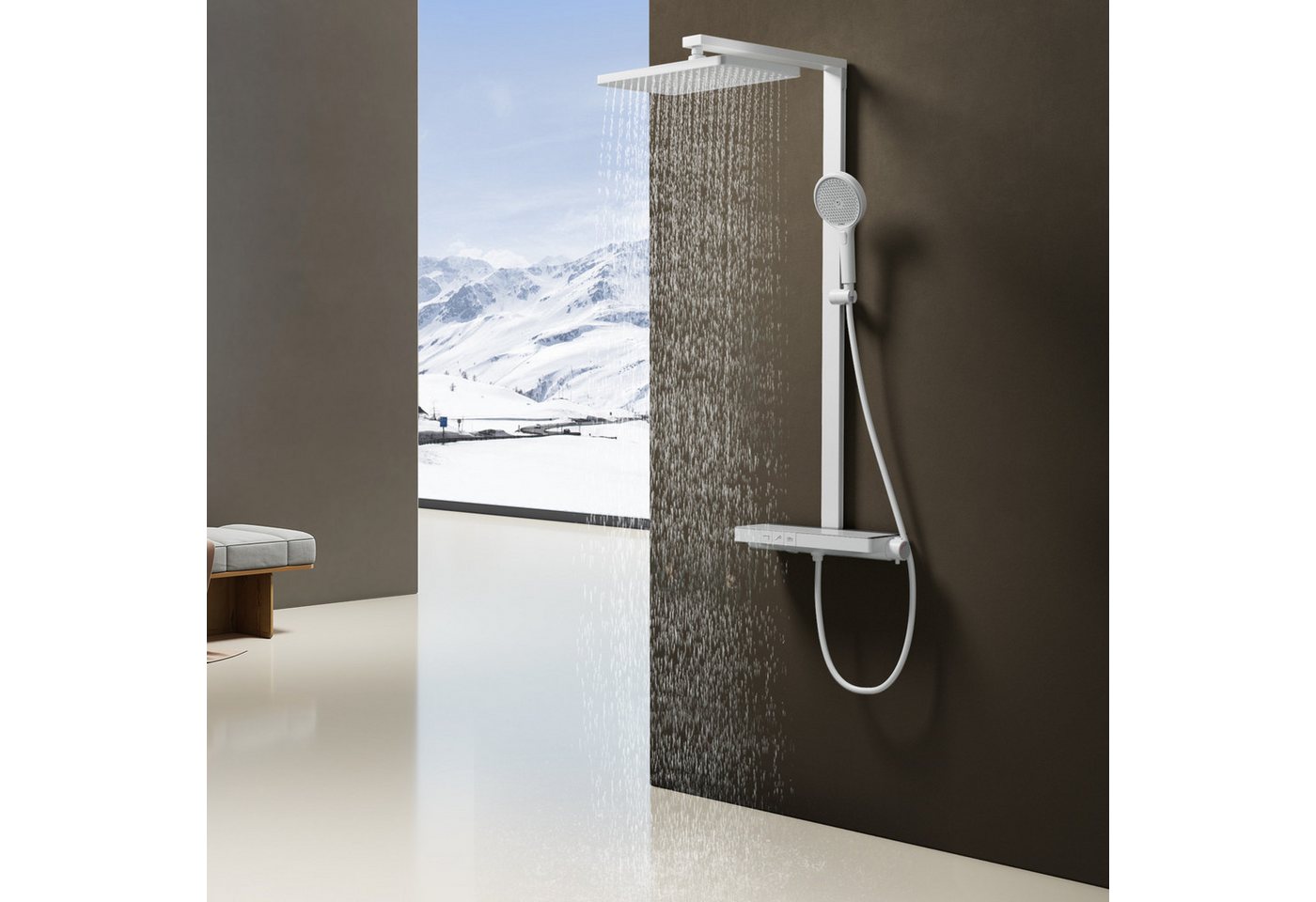 Thumbnail - EMKE Duschsystem mit 40cm Glas Thermostat Ablage Home Duschstange aus Messing Set, Höhe 110 cm, 4 Strahlart(en), Set, Br...