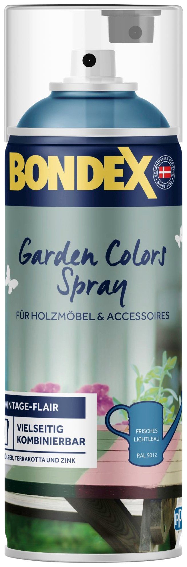 Bondex Wetterschutzfarbe GARDEN COLORS Spray, Zartes Lagunenblau, 0,4 Liter Inhalt Frisches Lichtblau / RAL 5012