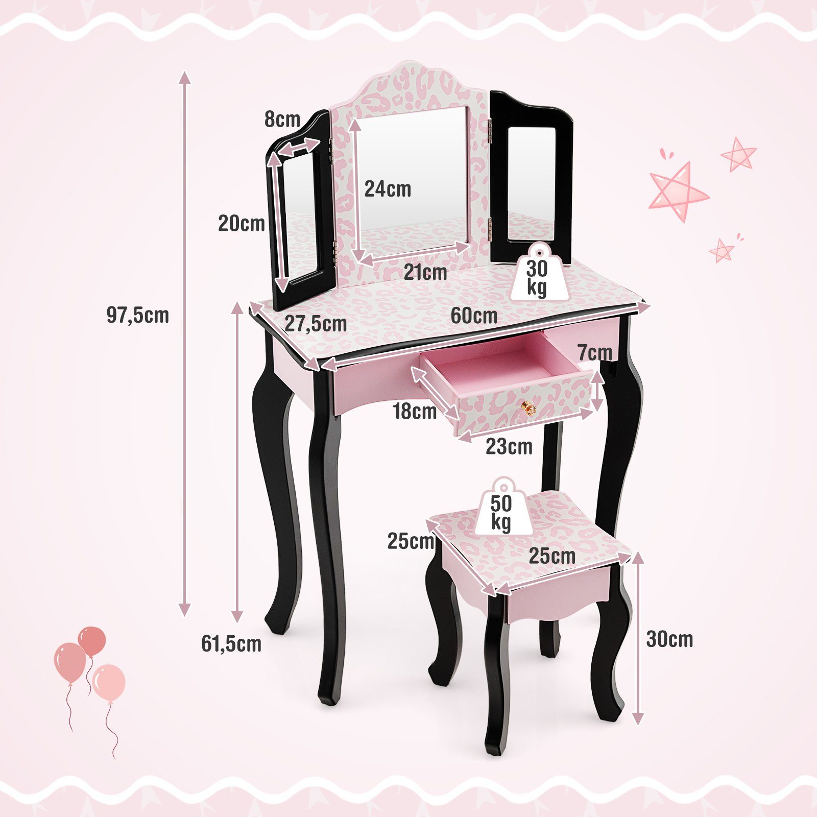 COSTWAY Schminktisch Kinder und Schreibtisch, rosa schwarz & mit Schublade Spiegel