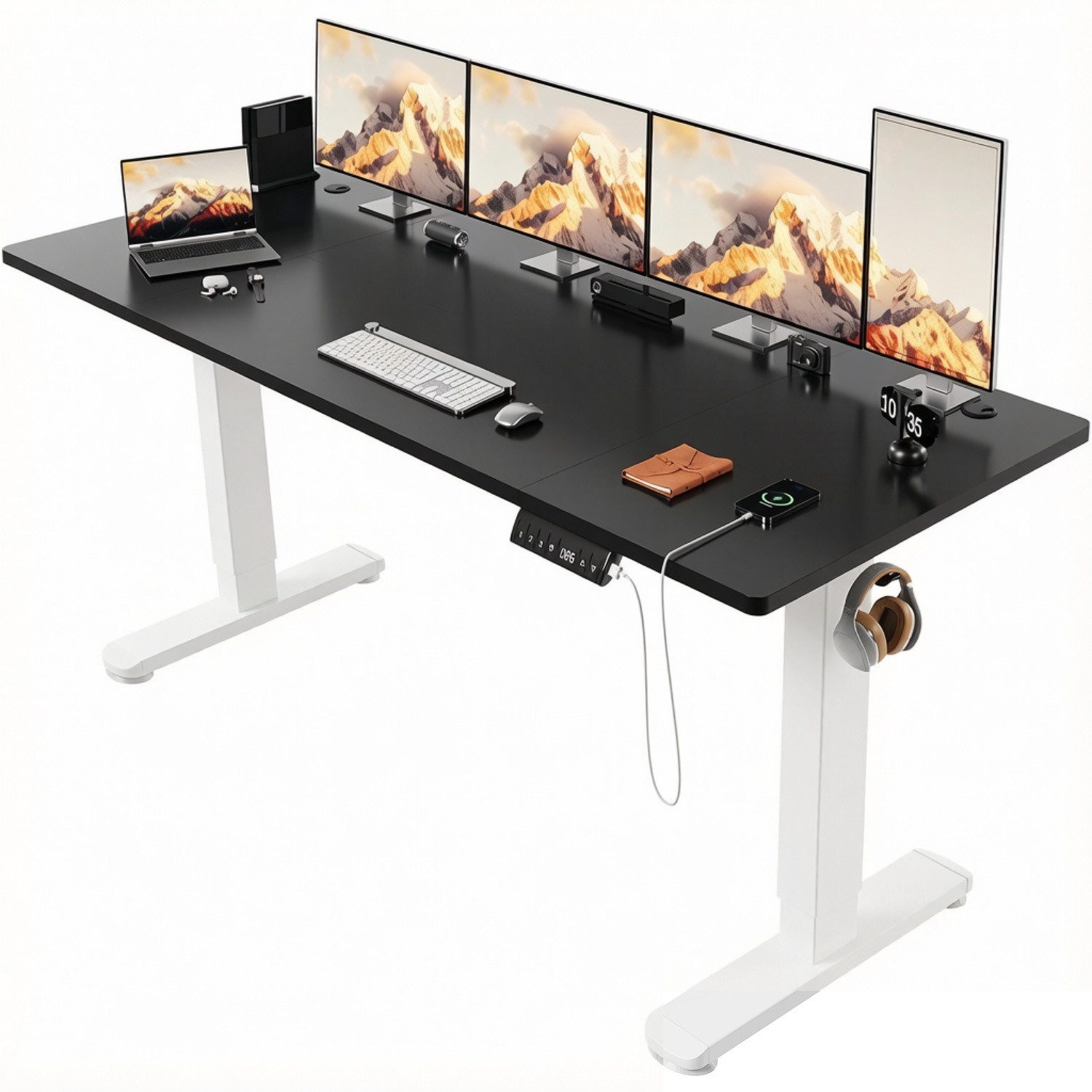 HOMALL Schreibtisch Höhenverstellbarer Elektrisch Schreibtisch, Vierteilige Tischplatte (GroBe MaBe: 140 x 70 cm, 160/180 x 80 cm mit USB-Ladeanschluss, in 3 Stufen hoherverstellbar)