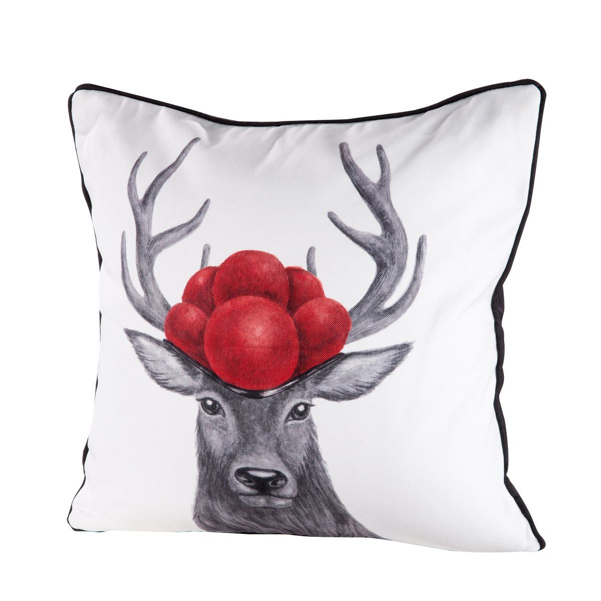 GILDE Dekokissen Kissen mit Bollenhut Weiß Schwarz Rot Modern 45 cm, Hirsch mit Bollenhut