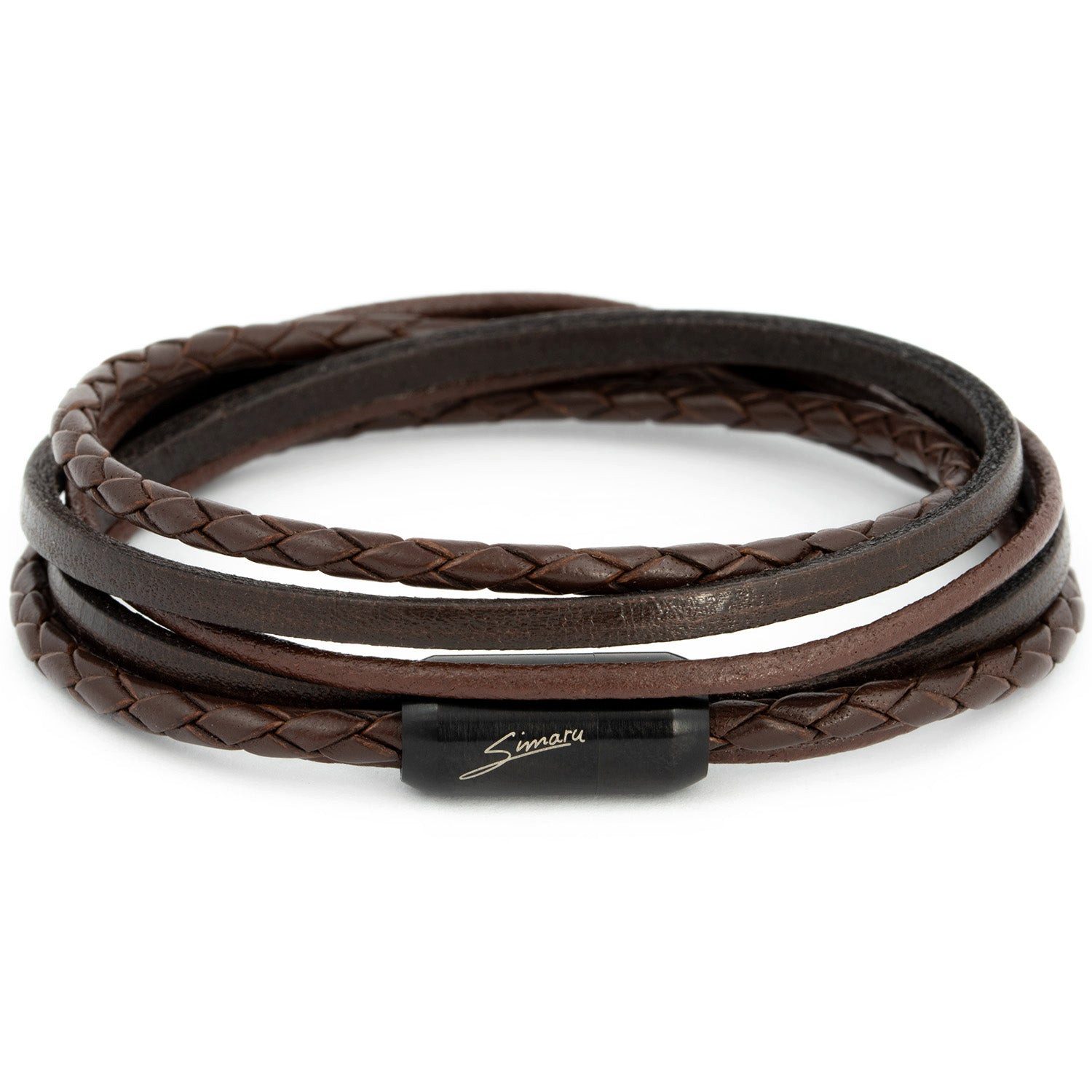 Simaru Lederarmband Made in Germany Leder Armband Herren (Echtes Leder, Handgefertigt, Starker Edelstahl Magnetverschluss, perfektes Schmuck Geschenk), Modell Andes Premium Wickelarmband schwarz und braun