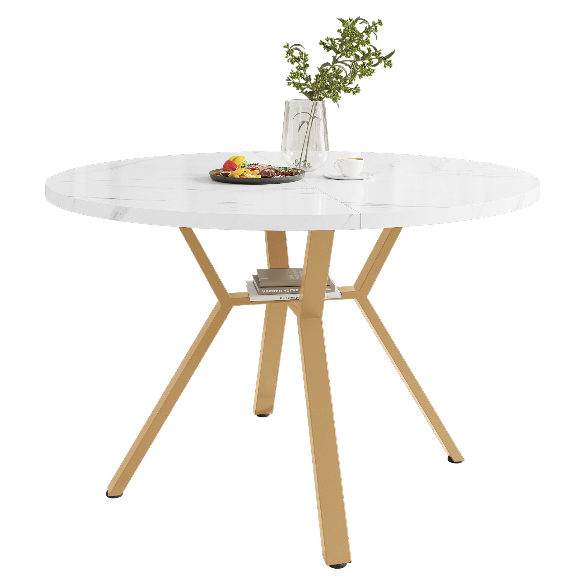 BlingBin Esstisch Moderner Runder Marmor-Esstisch Küchentisch Kaffeetisch (1er Set, 1-St., Produktgröße: 100×100×75cm, Tragendes Gewicht: 60kg/Tisch), Schlichter X-förmiger Couchtisch mit Metallhalterung für Esszimmer