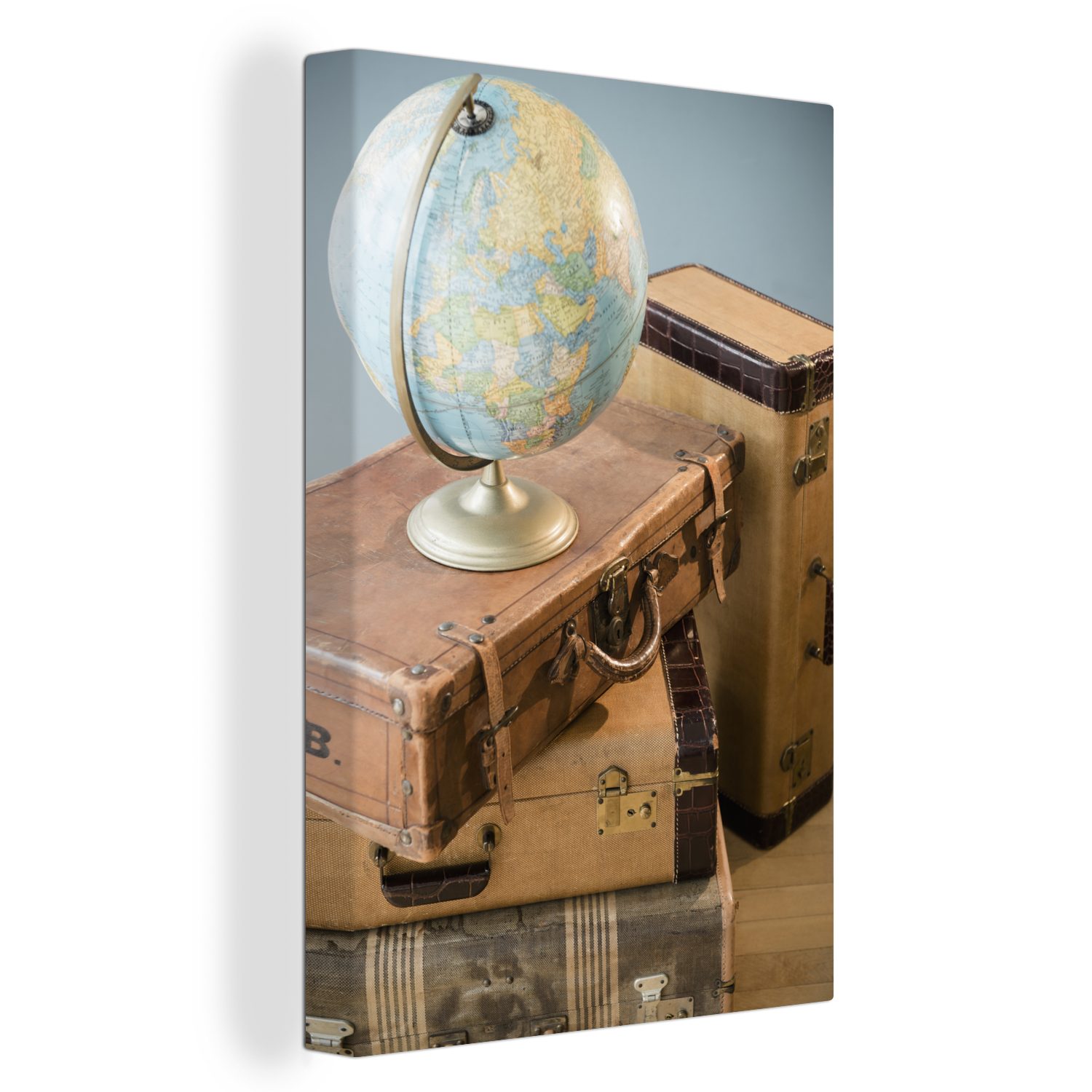 OneMillionCanvasses® Leinwandbild Koffer Zackenaufhänger, Gemälde, (1 20x30 St), - cm - Leinwandbild Vintage, Globus bespannt fertig inkl