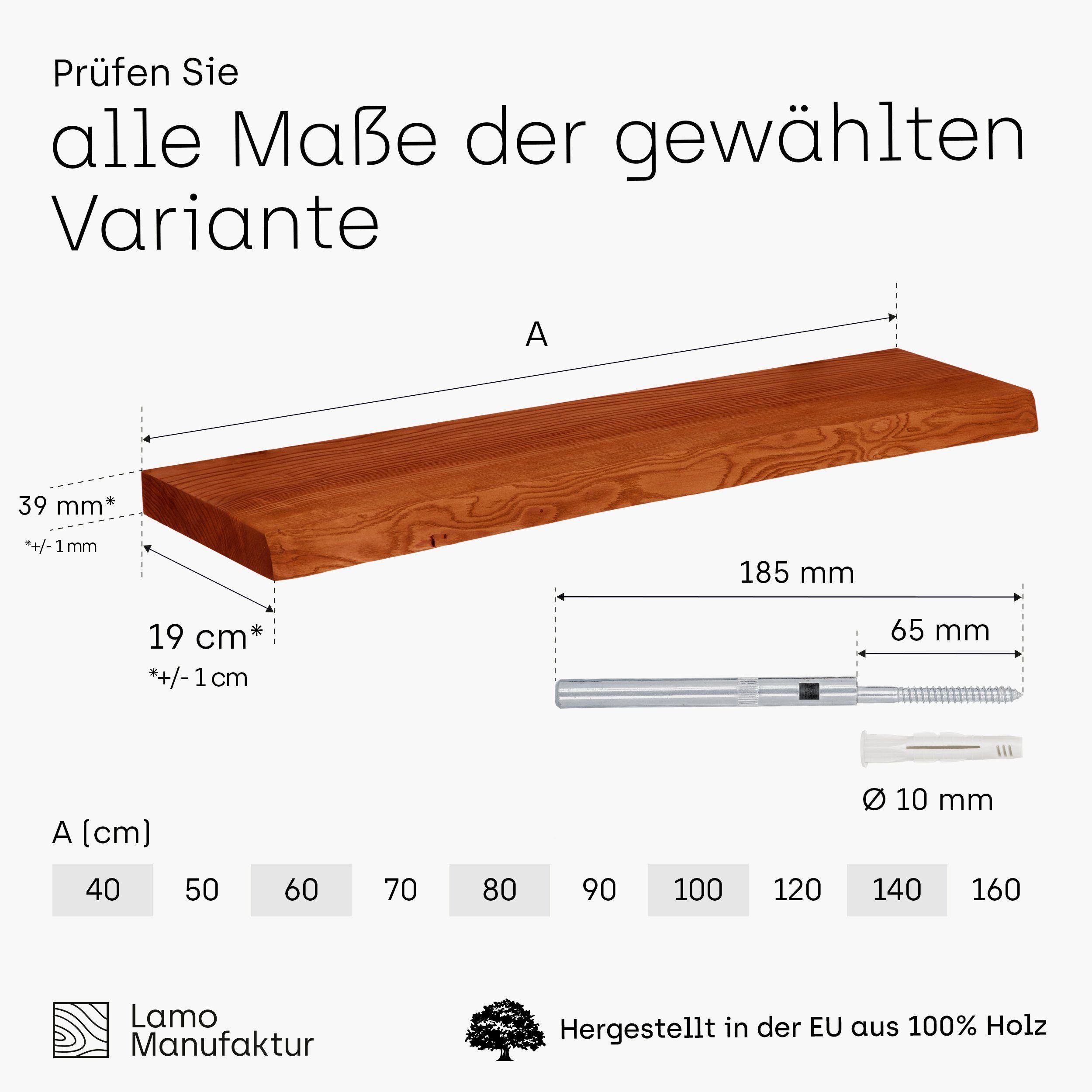 LAMO Würth Wandregal stake mit Komplett-Set, Dübel, Massivholzplatte 40mm Dunkel Manufaktur Invisible