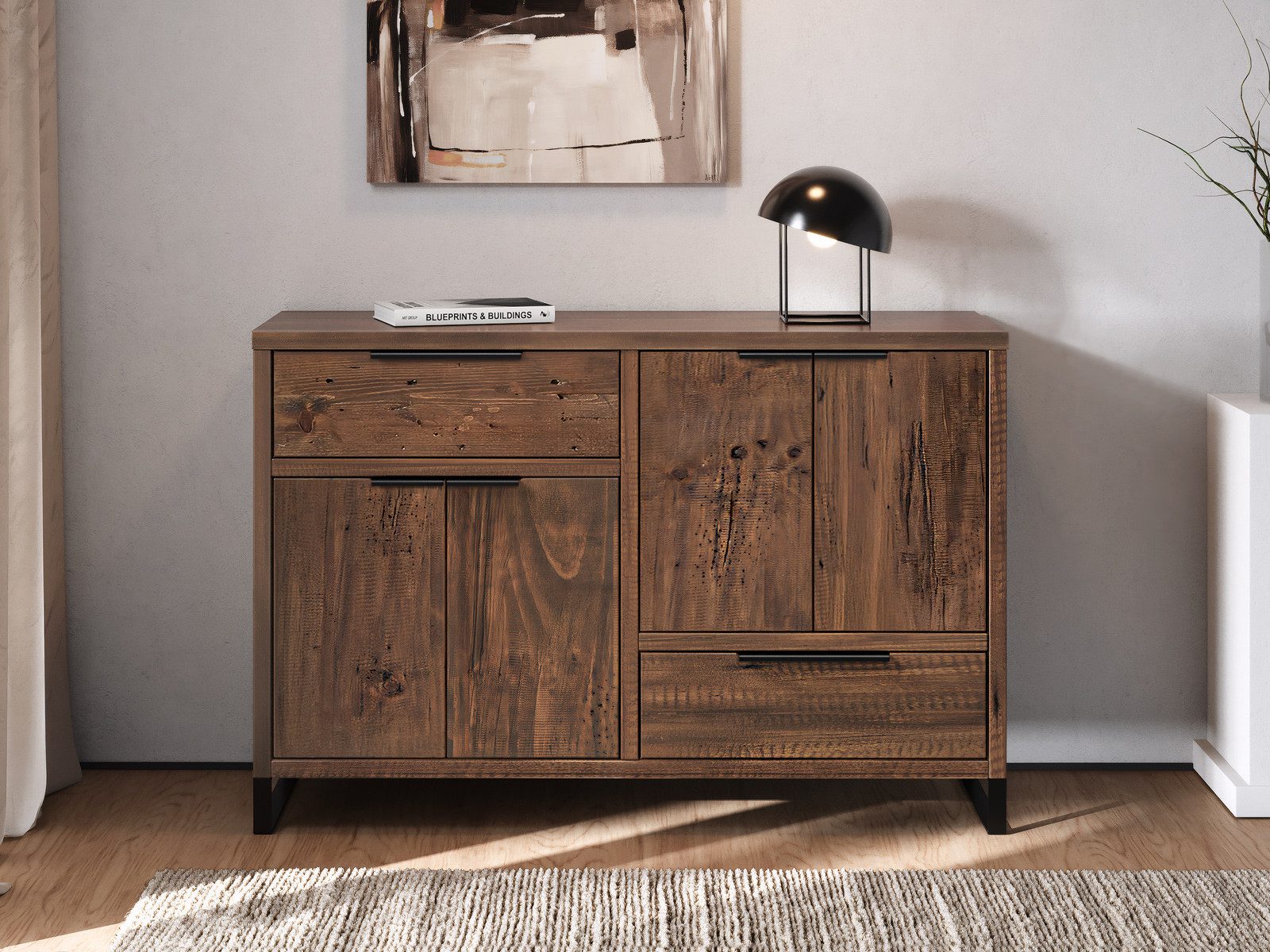 massivum Sideboard Sydney 126cm pinie rustikal Kommode Wohnzimmer Massivholz (13 St)