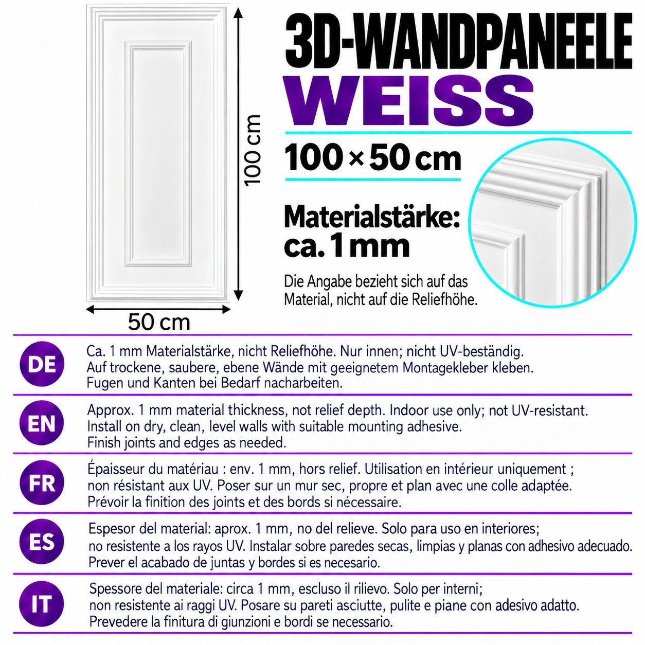 IKHEMalarka 3D Wandpaneel PVC Kunststoff Paneelen Wandverkleidung, BxL: 50x100 cm, 0,5 qm, (100x50cm, Einzelpaneel) Italienisches Design, Wasserfest, Stoßfest! – Bild 3 von 5
