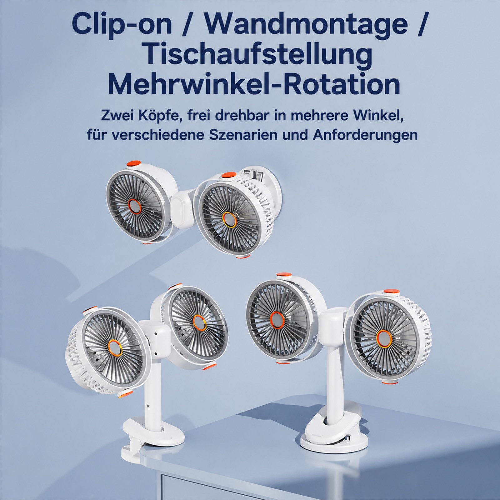 MOPUEA Standventilator Standventilator Doppelkopf Clip Ventilator 360° leise 5Stufen Akku USB, Doppelkopf, 5 Stufen, 360° drehbar, leise, Clip, LED Nachtlicht