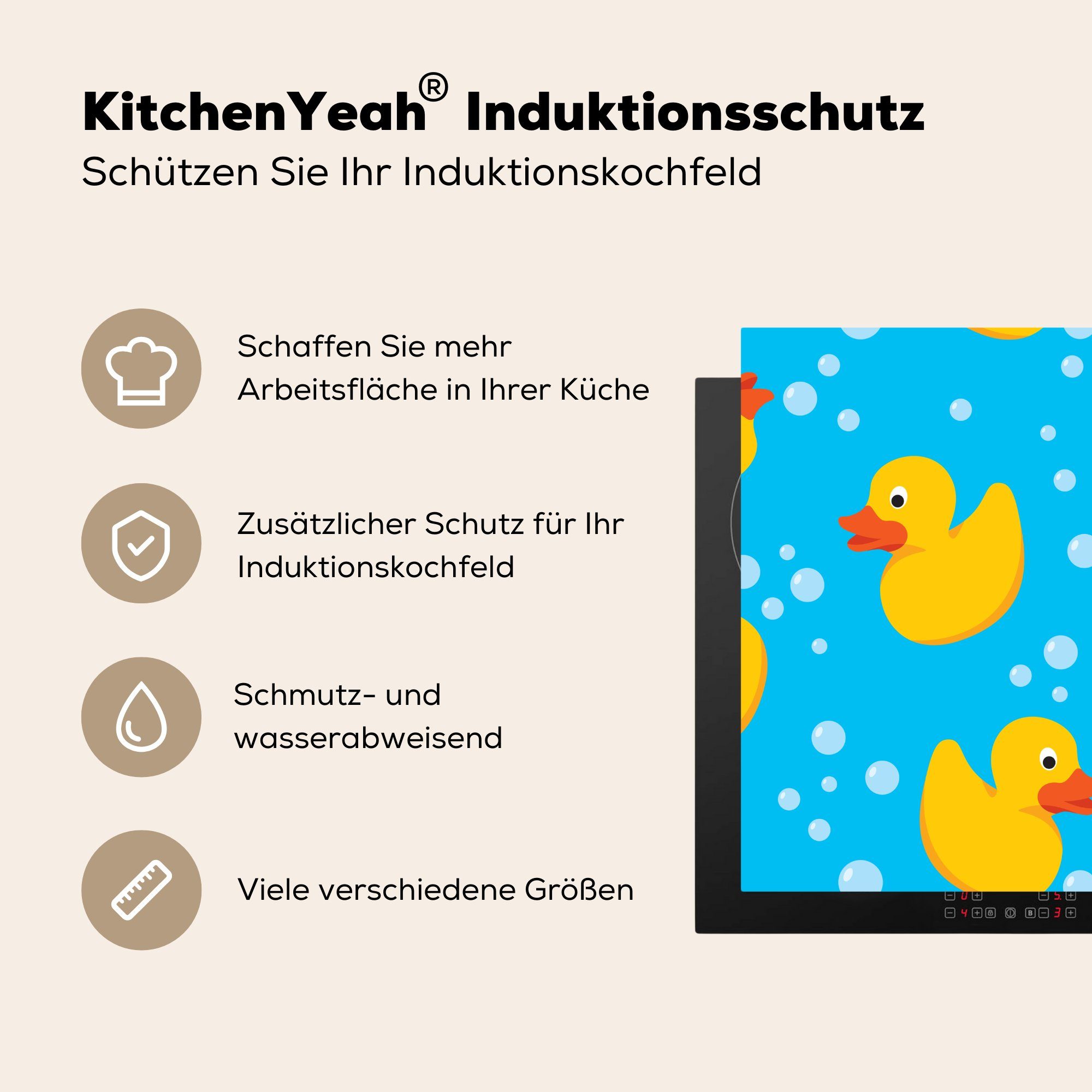 küche 78x78 Gummi-Entchen tlg), Arbeitsplatte Ceranfeldabdeckung, MuchoWow (1 Herdblende-/Abdeckplatte Vinyl, cm, Muster, Wasser - - für