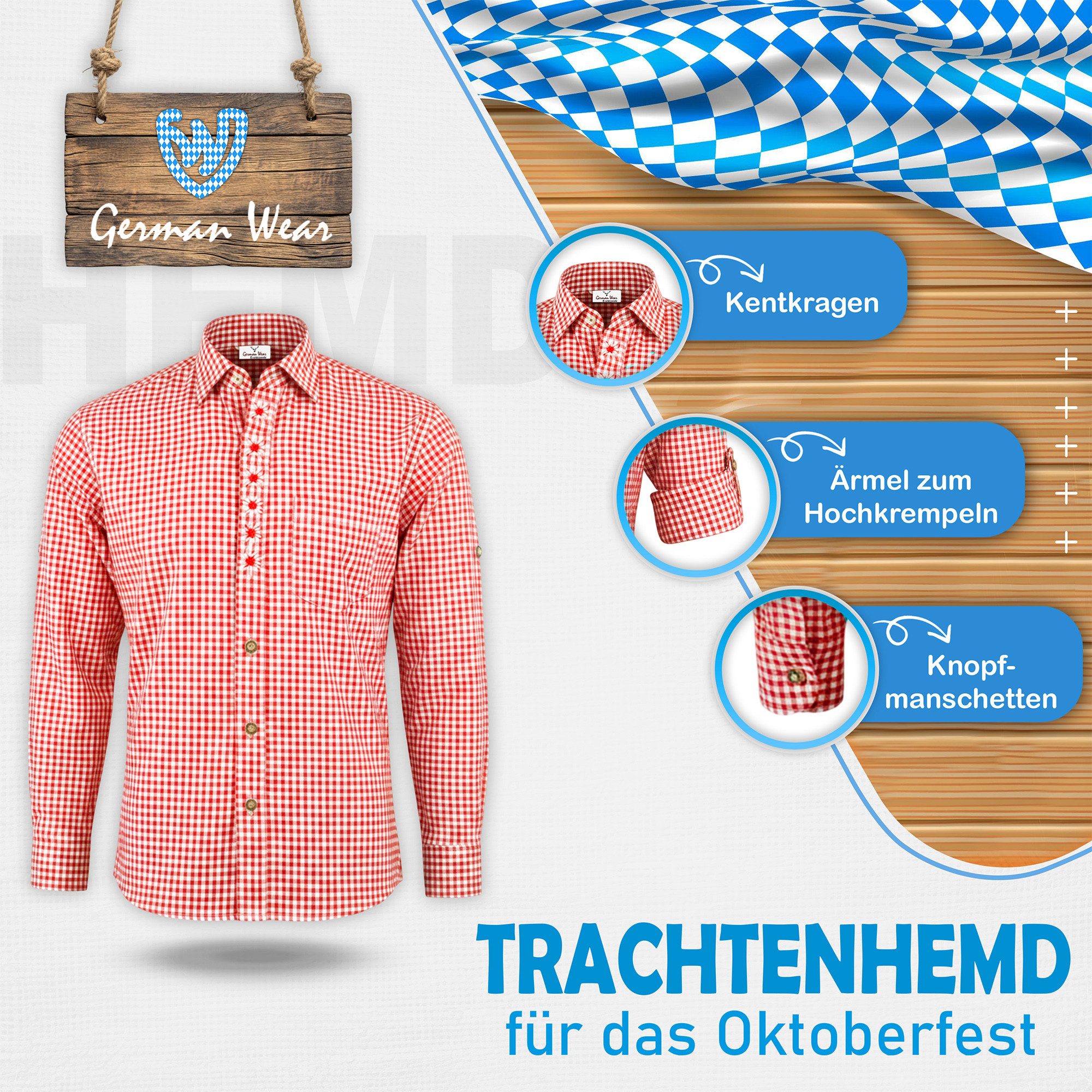 German Wear Trachtenhemd GW1203-EW Trachtenhemd für Trachtenlederhose mit Edelweiß-Stickerei karo