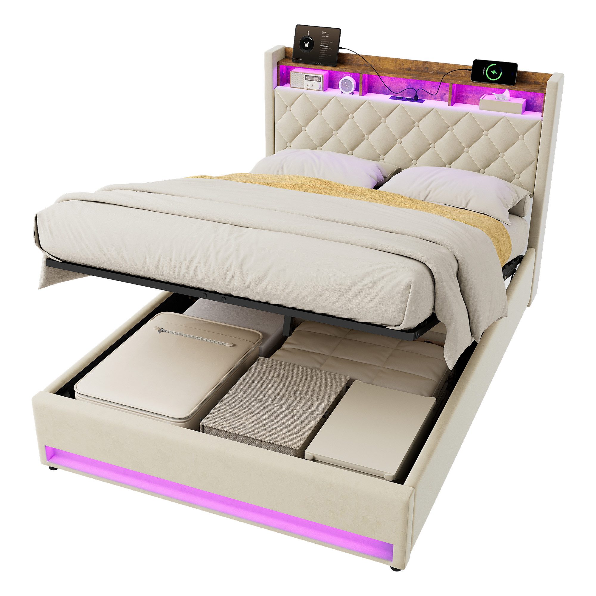 REDOM Polsterbett mit Premium-Samt – Stabil, Komfortabel, Zeitlos (Robuster Holz-Eisen-Rahmen • Atmungsaktiver Schaum • Inklusive Lattenrost, 1-tlg., 140*200), Mit LED-Lichtleiste und USB-Aufladung