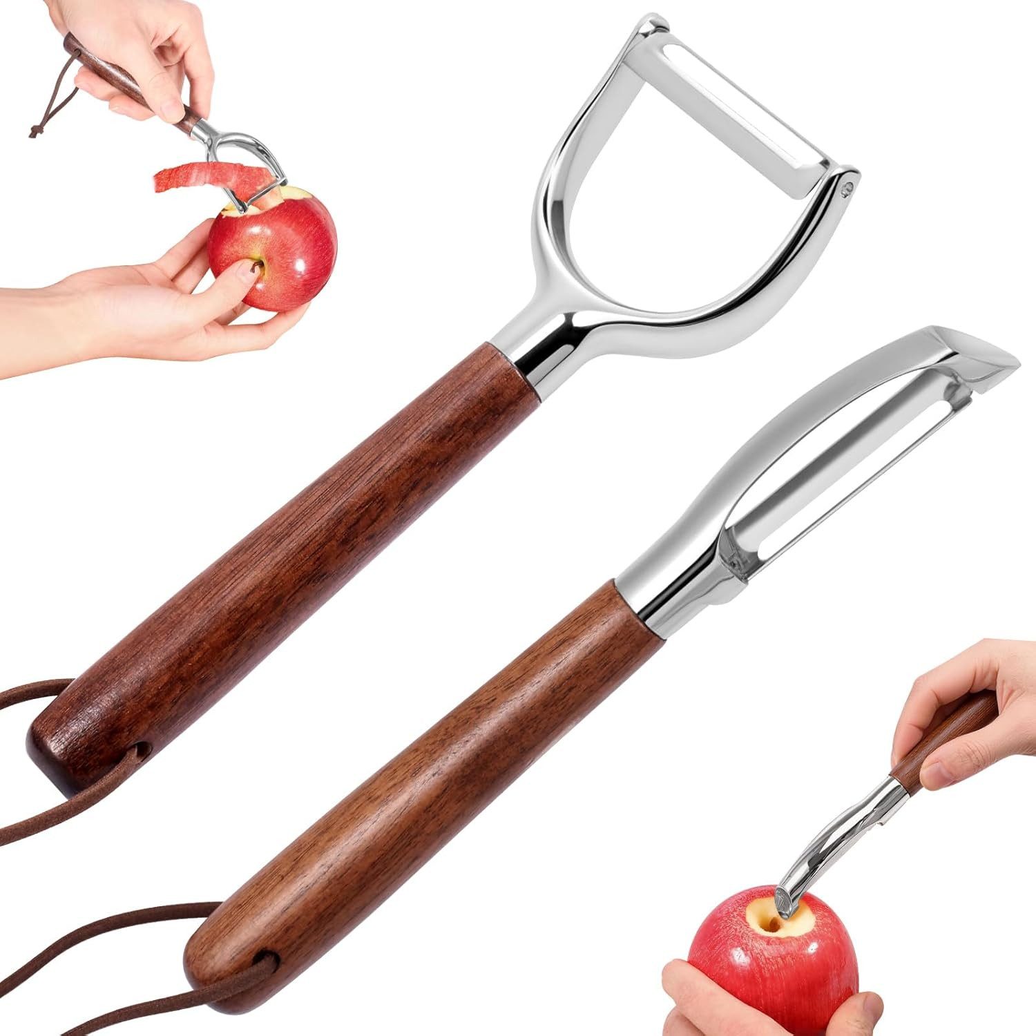 FOUORTUNATE-BEE Gemüsehobel 2er Set Sparschäler Edelstahl I Y Schäler Holzgriff Küche, Für Obst Gemüse Kartoffeln Apfel Karotte Küchenhelfer leicht
