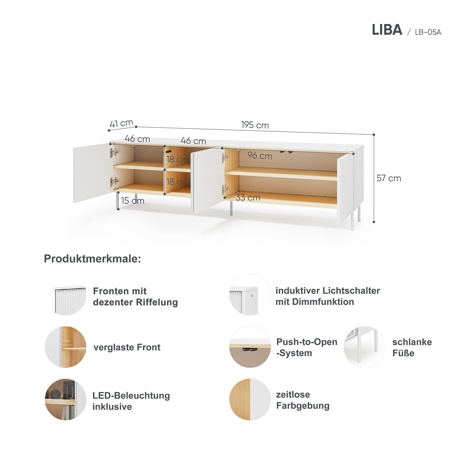 HAUSELEMENT TV-Schrank LIBA LB-05A mit LED-Beleuchtung 4 Türen Lowboard 195 cm Fernsehschrank Modern