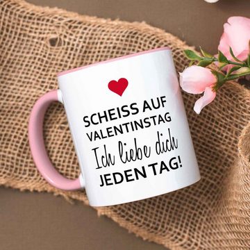 GRAVURZEILE Tasse mit Spruch - Scheiss auf Valentinstag - Geschenk für Ihn & Sie, aus Keramik - Spülmaschinenfest, Farbe: Rosa