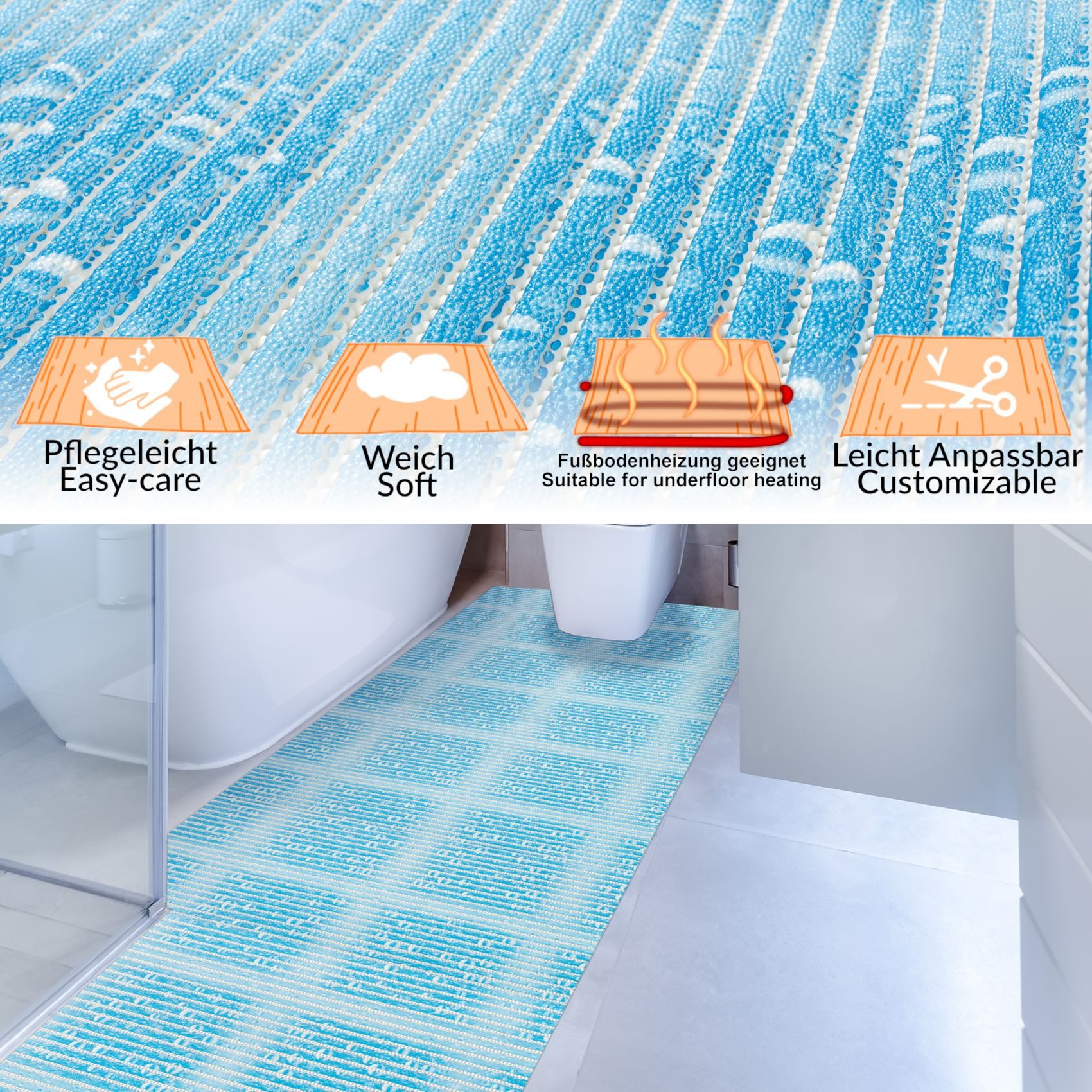 ANRO Schaum-Badematte Antirutschmatte Weichschaummatte Badezimmer Premium, Höhe 5 mm, strapazierfähig, Drainage Effekt, Rillen, wasserdurchlässig, rutschhemmend, pflegeleicht, Weich, fußbodenheizungsgeeignet, schnell trocknend, Rutschhemmend, mit Drainagelöchern, Praktisch, PVC, Eckig, Badteppich Weichschaum 100x65cm Therme Hellblau