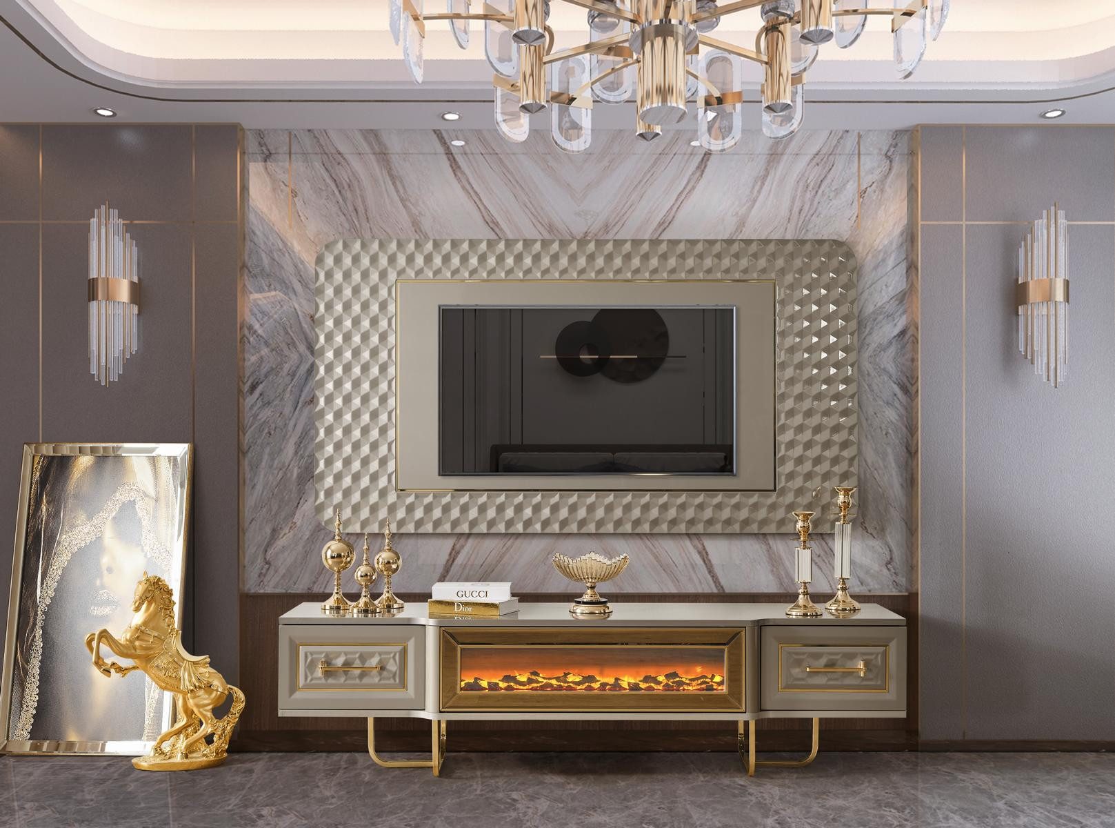 JVmoebel Sideboard Wohnwand in Weiß und Gold mit Kamin und TV-Ständer, Made in Europa
