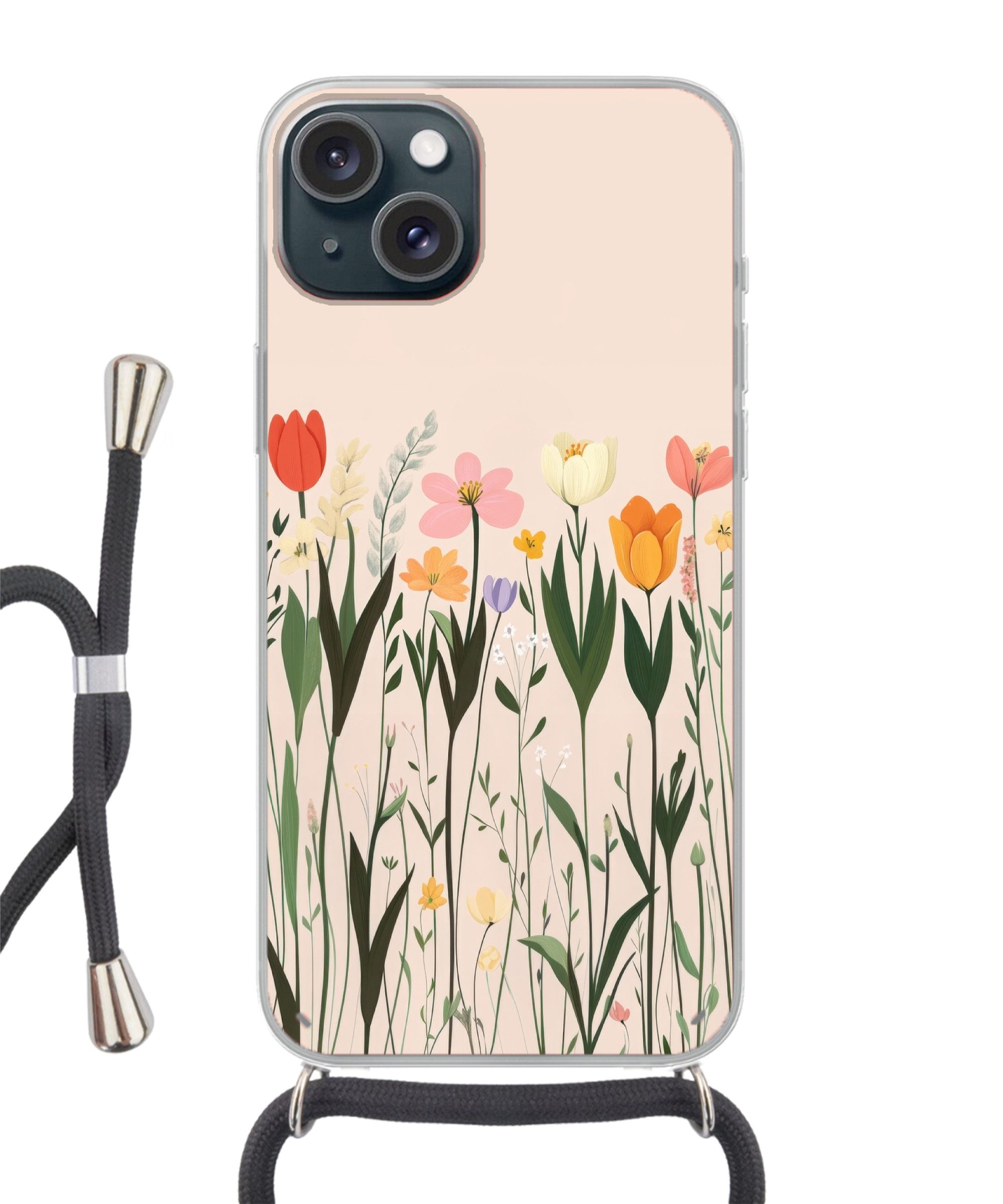 MuchoWow Handyhülle für Apple iPhone 15 Pastelltöne - Blumen - Illustration, Tragbare Handyhüllen mit Kette zum umhängen, Handykette Handyband