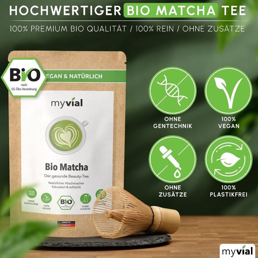 myvial Tee Erlesener Premium Bio Matcha Tee aus Japan Kagoshima steinvermahlen, 100 g, (100g, aromatisch, plastikfrei verpackt, vegan), Matcha Pulver, Grüner Tee, traditionell, extra fein gemahlen