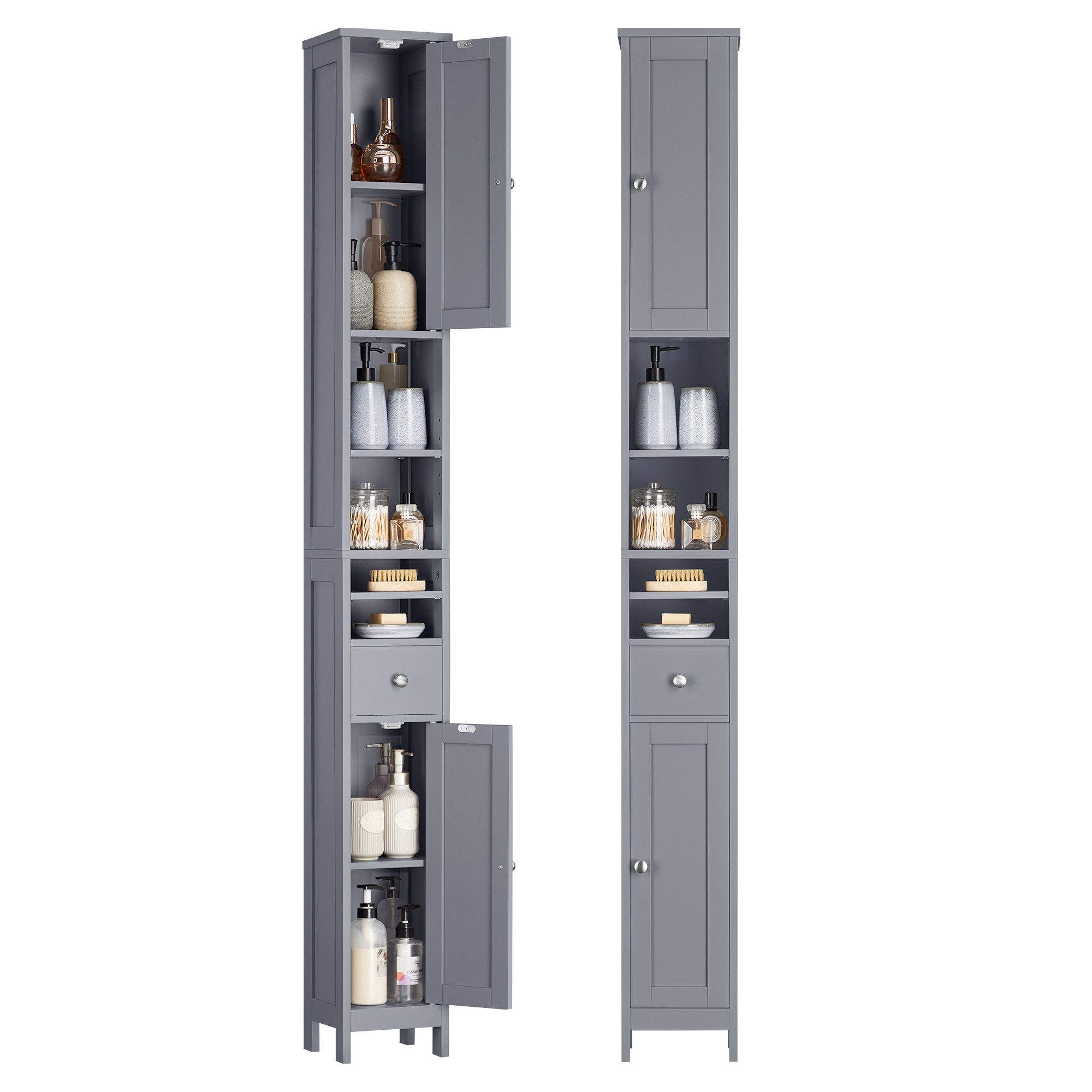VASAGLE Badkommode Badezimmerschrank, Badschrank, mit verstellbaren Ablagen, Schublade, hoch, schmaler Aufbewahrungsschrank, offenen Fächern, für kleine Räume