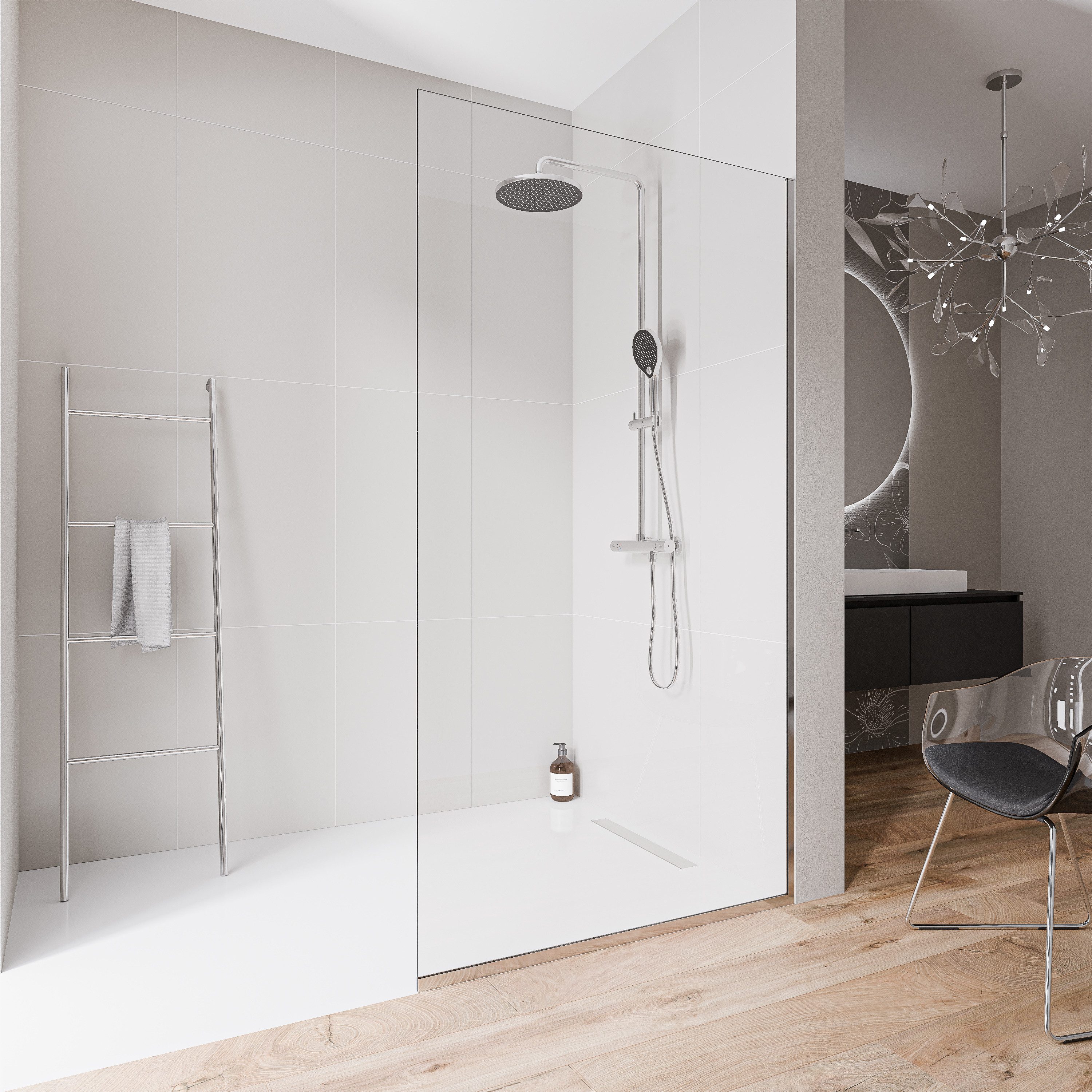 Bernstein Walk-in-Dusche EX102-2 70x220 cm Klarglas Chrom, ESG Sicherheitsglas, Walk-In Duschwand 220cm hoch 10mm Chrom mit Bodenprofil