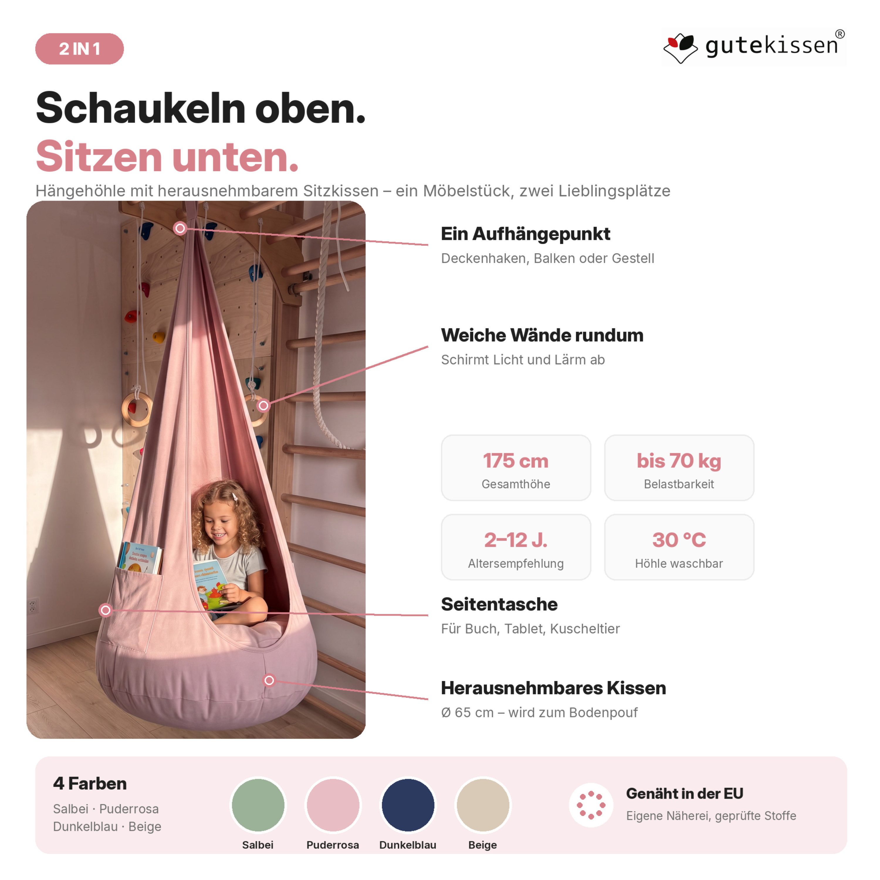 FAVRE Hängesessel Hängehöhle Kinder 2in1 mit herausnehmbarem Sitzkissen – Bild 3 von 5