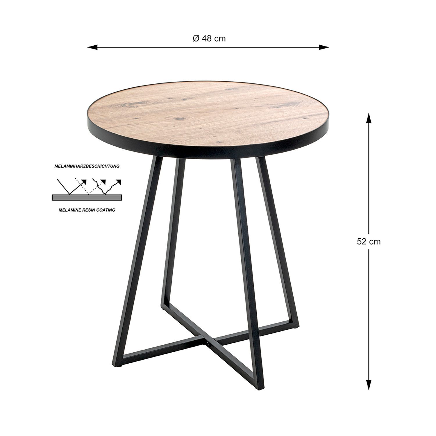 HAKU Beistelltisch Beistelltisch Eiche - Sofatisch schwarz, MDF, Metall - H 52 x Ø 48 cm (1xBeistelltisch, Dekotisch - kleiner Tisch), Beistelltisch aus Metall