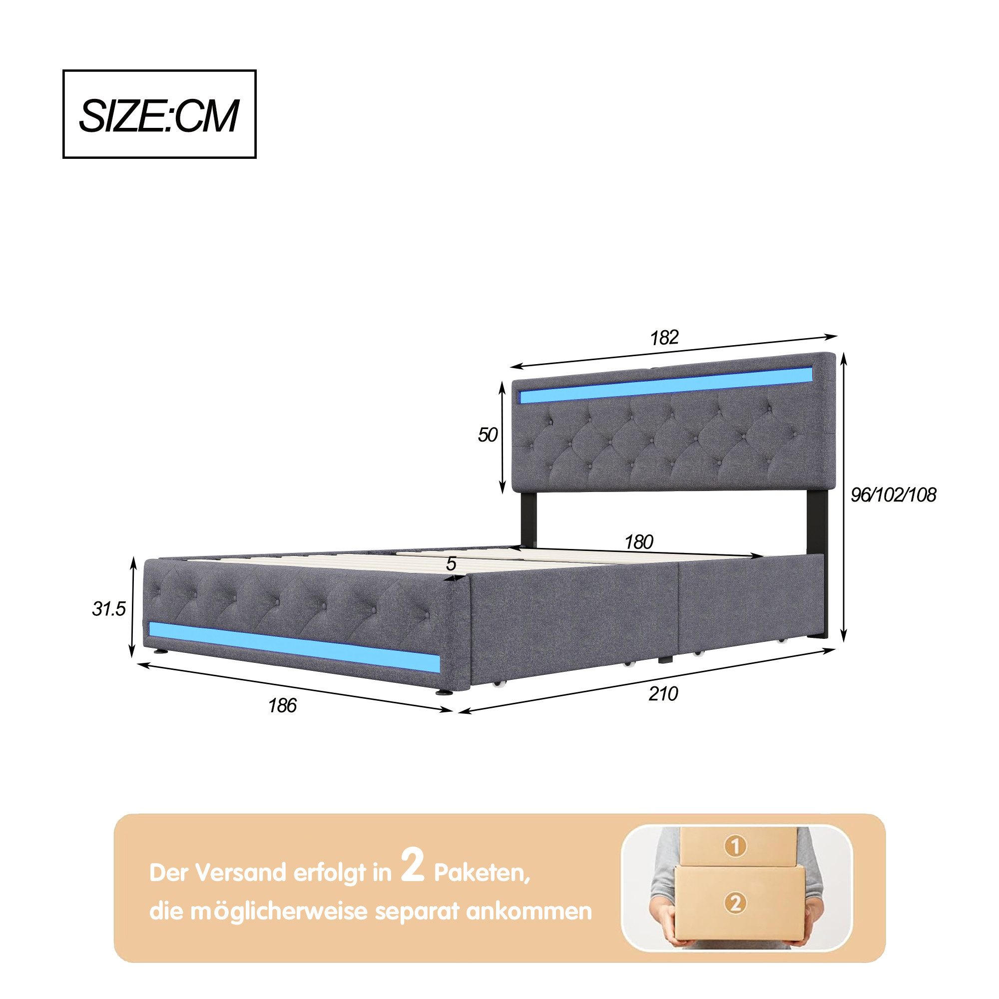 Furnishings Home Polsterbett Doppelbett Stauraumbett, Mit 4 Schubladen + LED + Anschluss (Set, Bett), Mit LED-Beleuchtung, USB & Type-C, Leinen, 180x200 cm – Bild 5 von 5