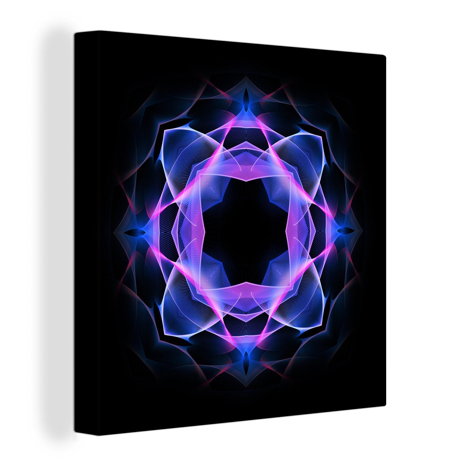 OneMillionCanvasses® Leinwandbild auf (1 St), Leinwand Schlafzimmer Schwarz, für Blaues Neon-Mandala-Kaleidoskop-Muster Wohnzimmer Bilder