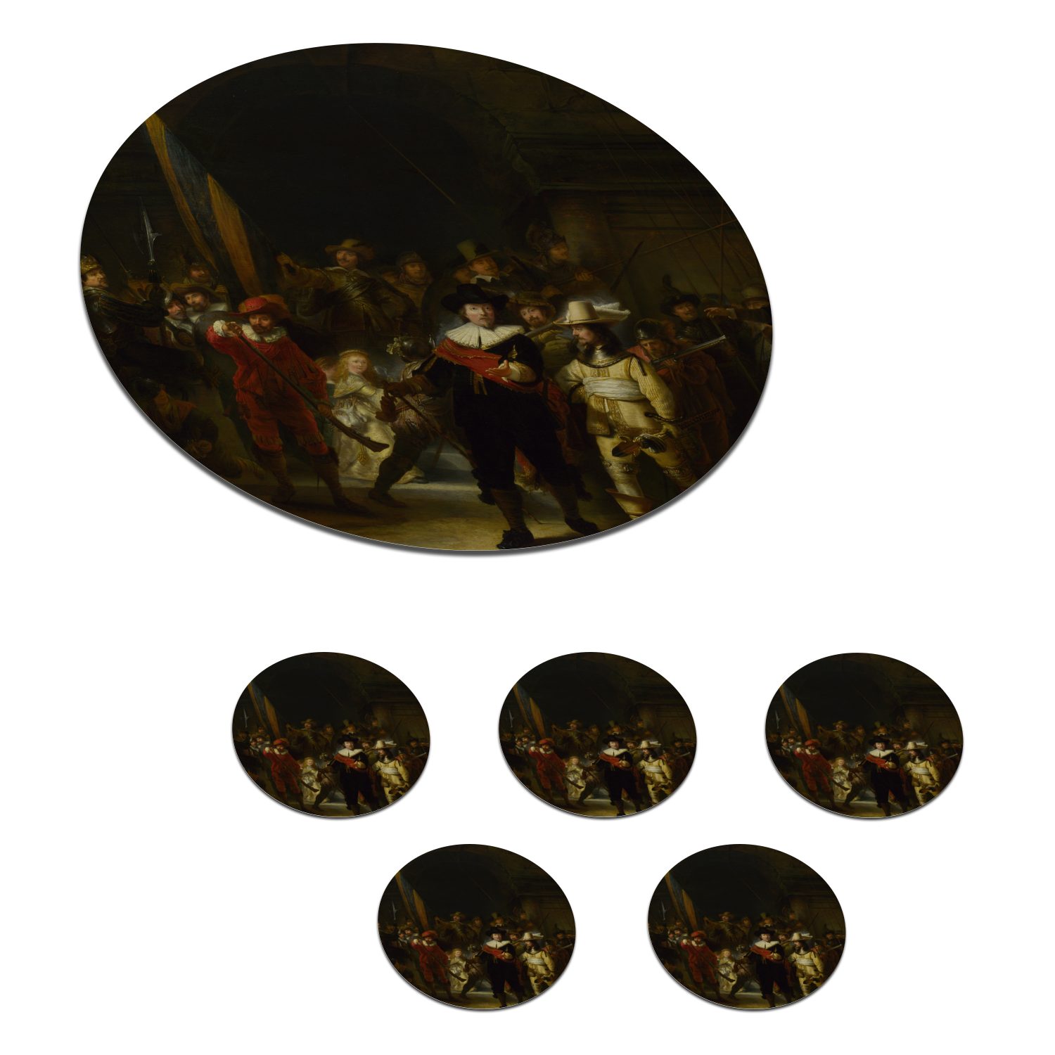 MuchoWow Glasuntersetzer Die Nachtwache - Gemälde von Rembrandt van Rijn, Zubehör für Gläser, 6-tlg., Getränkeuntersetzer, Tassenuntersetzer, Korkuntersetzer, Tasse, Becher
