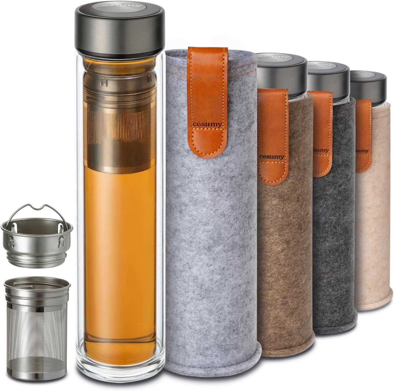 Cosumy Isolierflasche Teeflasche mit Sieb to Go 500ml - Doppelwandiges Glas mit Filztasche, Mit Hellgrauem Filz 500 ml - Glas Trinkflasche & Thermoskanne 0,5 l