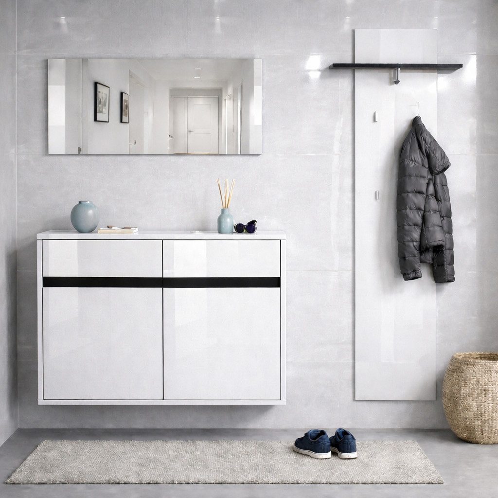 OTTO home Garderoben-Set Locco Flurmöbel, Dielenmöbel, Flurschrank, Flurgarderobe B: ca 150 cm, (3-St), UV-lackiert, Weiß Hochglanz, platz für ca. 12 Paar Schuhe