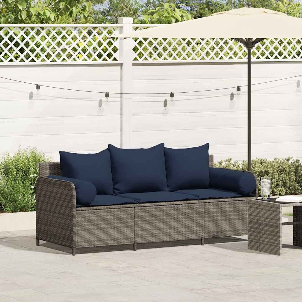 vidaXL Loungesofa Gartensofa mit Kissen 3-Sitzer Grau Poly Rattan, 1 Teile