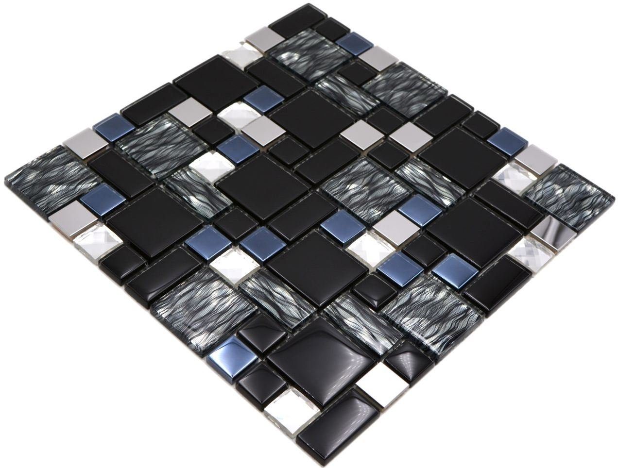 Matten Mosaikfliesen Mosani 10 / schwarz glänzend Edelstahlmosaik Mosaik