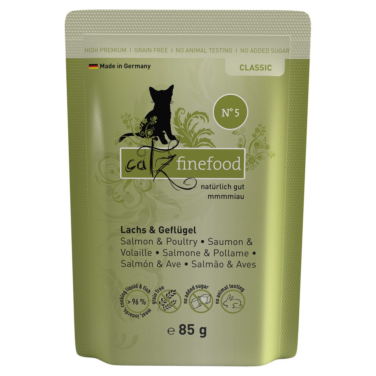 catz finefood No. 5 Lachs & Geflügel 85 g, Nassfutter für: Katze